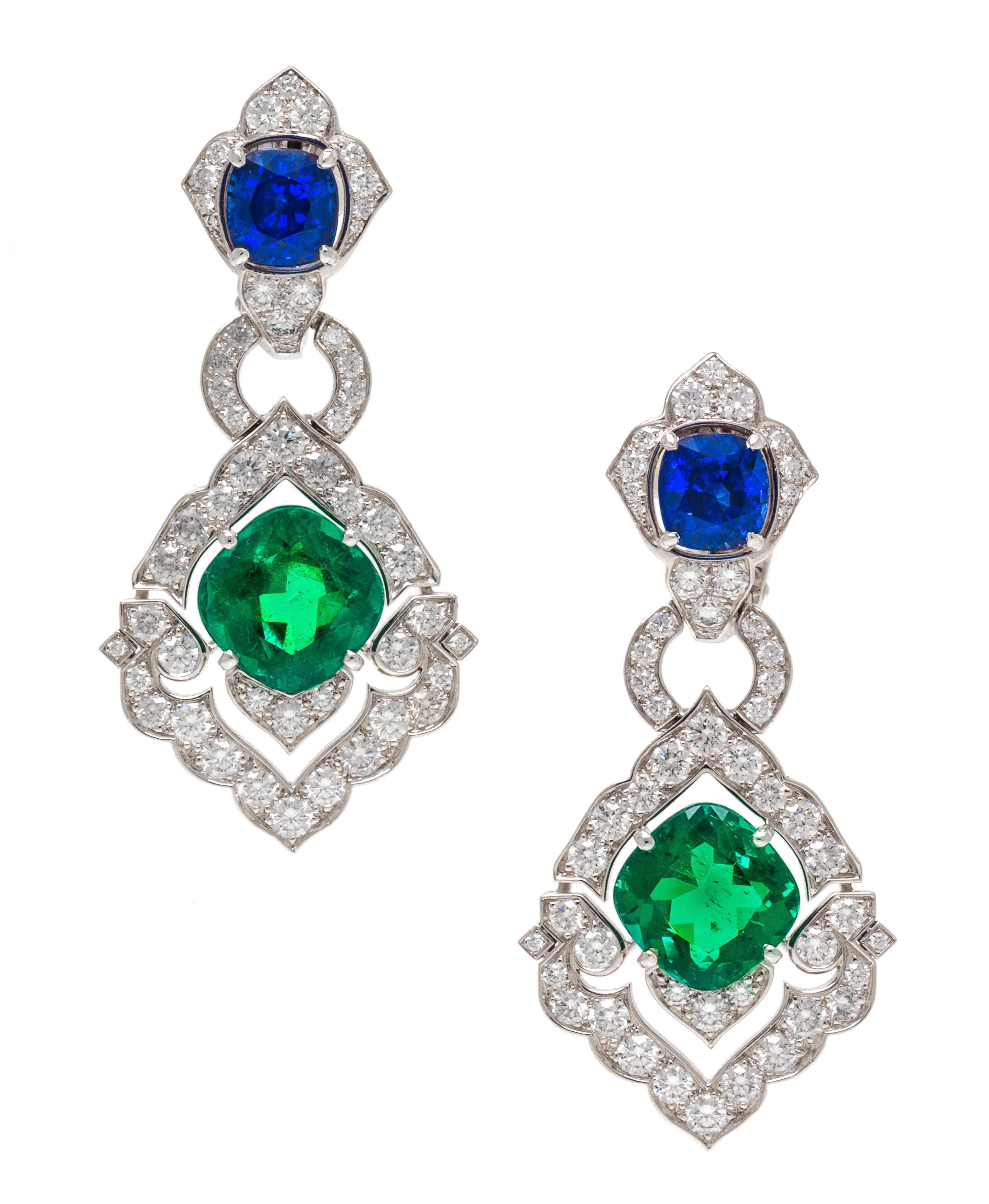 An Important Pair of Platinum, Emerald, Sapphire and Diamond "Victoria" Earclips, Cartier, Circa 2008, 16.00 dwts.