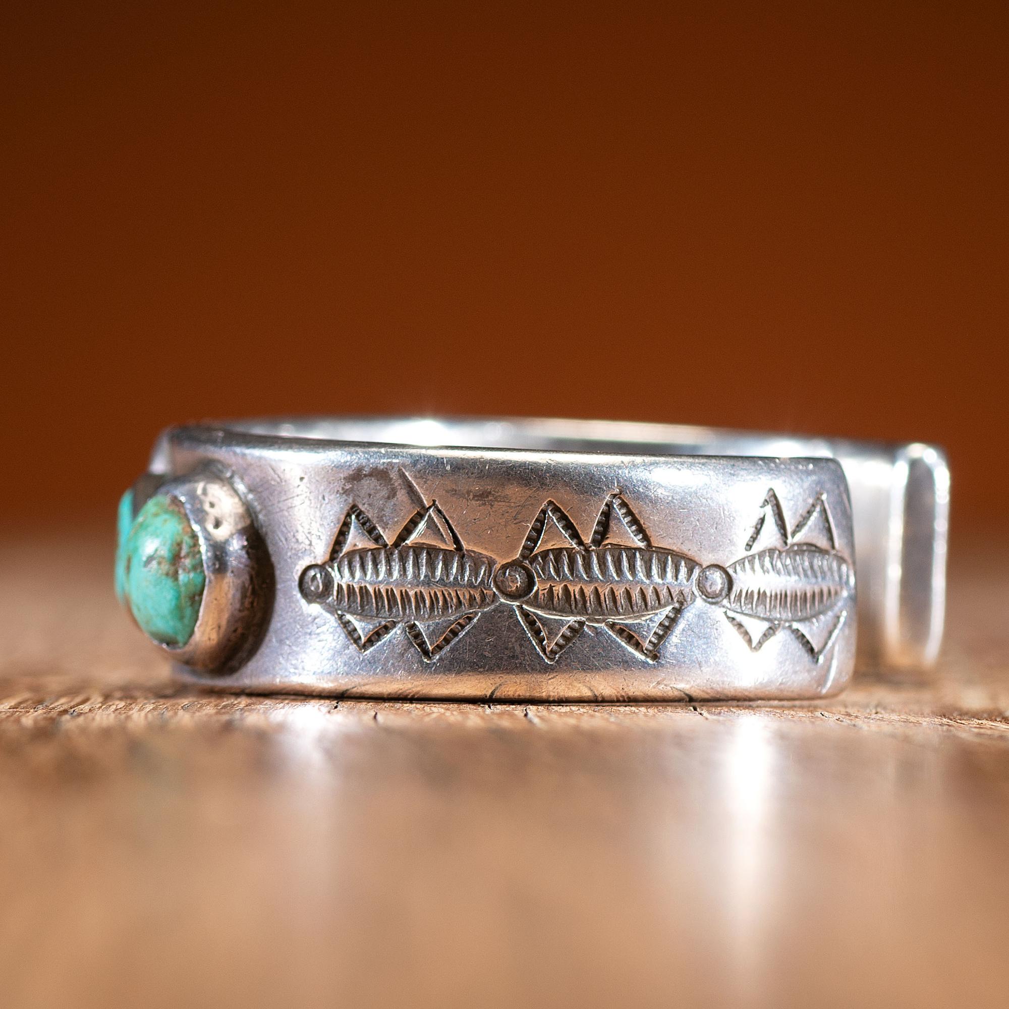 Early Navajo Stamped Ingot and Turquoise Cuff Bracelet