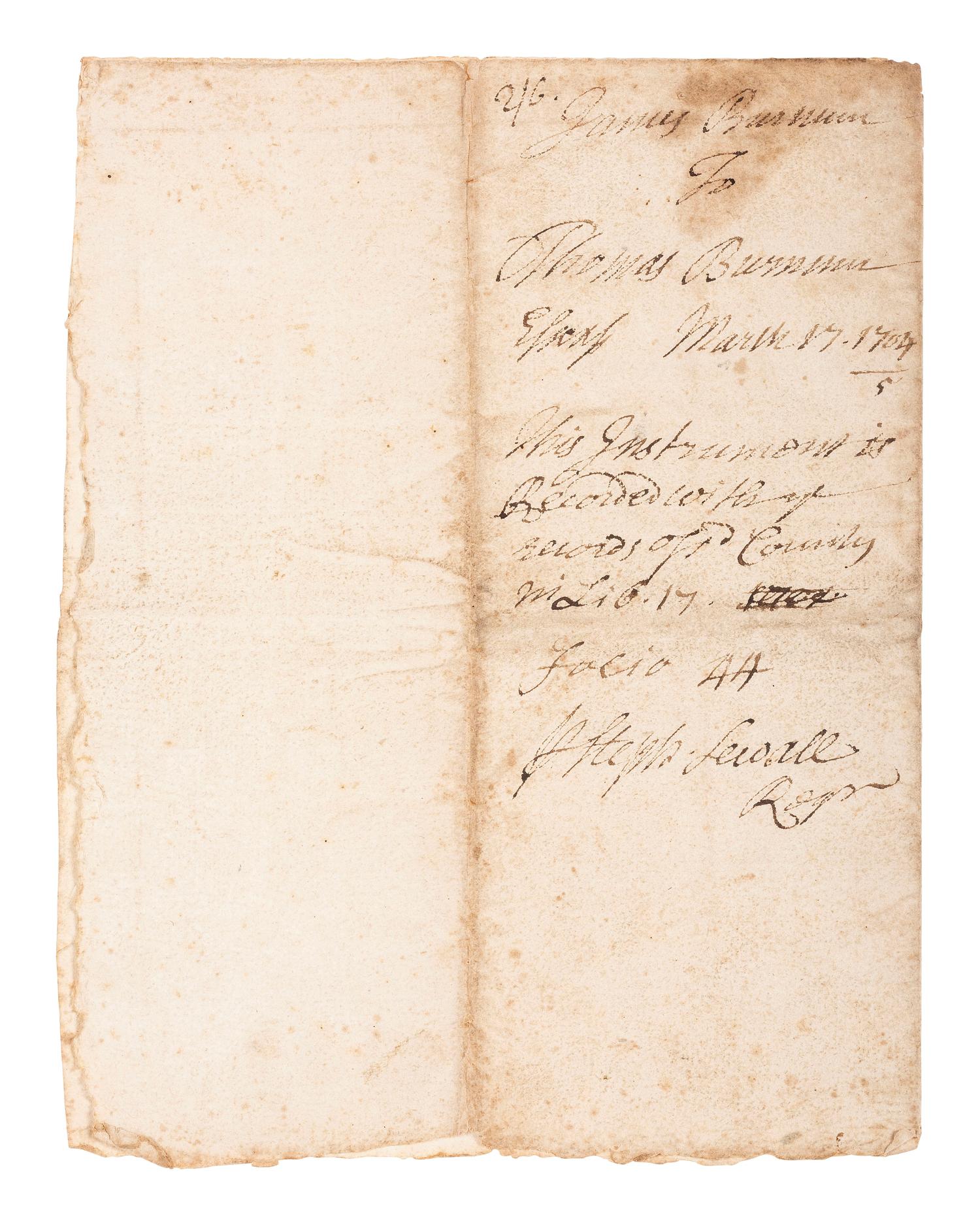 [SALEM WITCH TRIALS]. SEWALL, Stephen (1657-1725). Docket signed, plus.