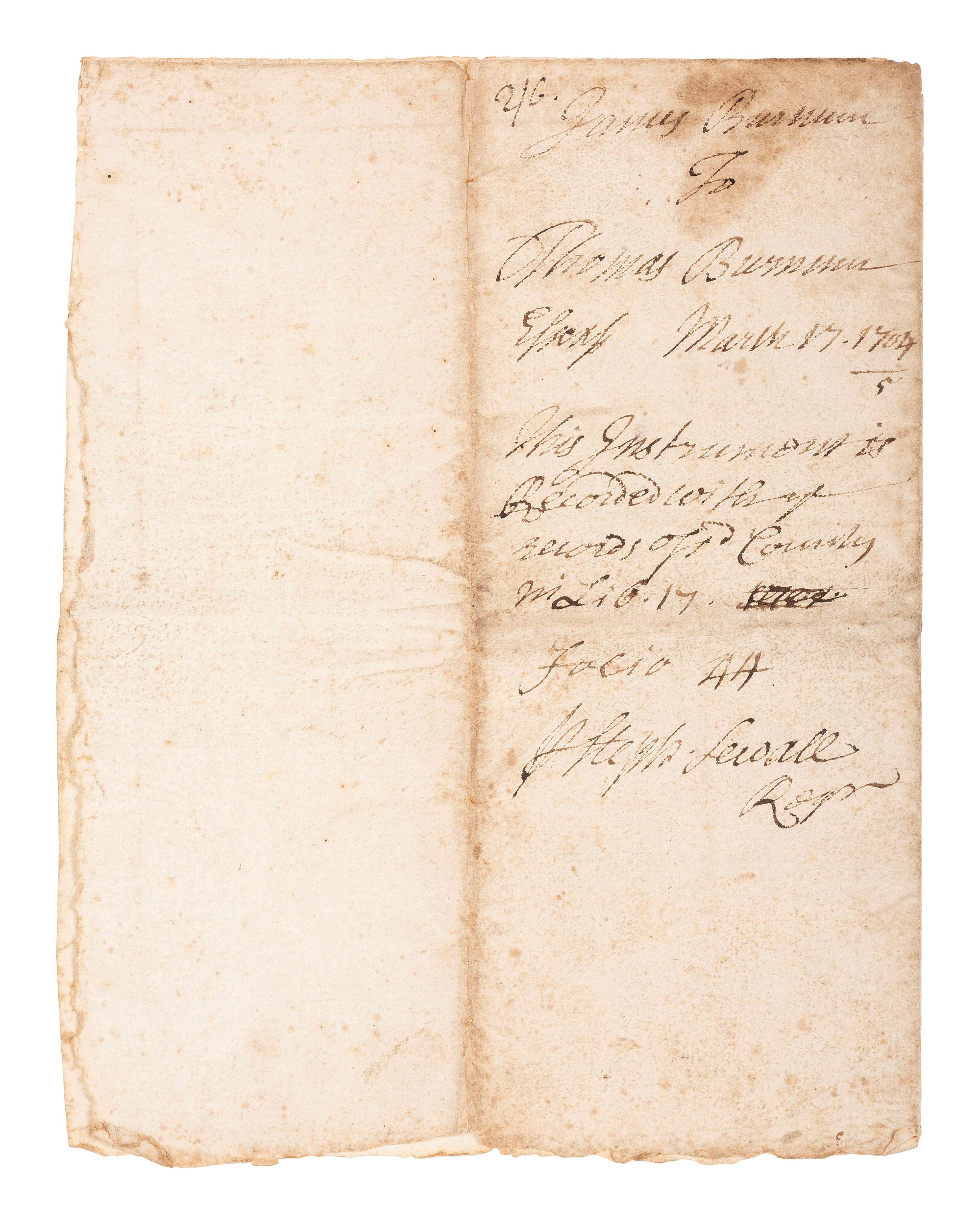 [SALEM WITCH TRIALS]. SEWALL, Stephen (1657-1725). Docket signed, plus.