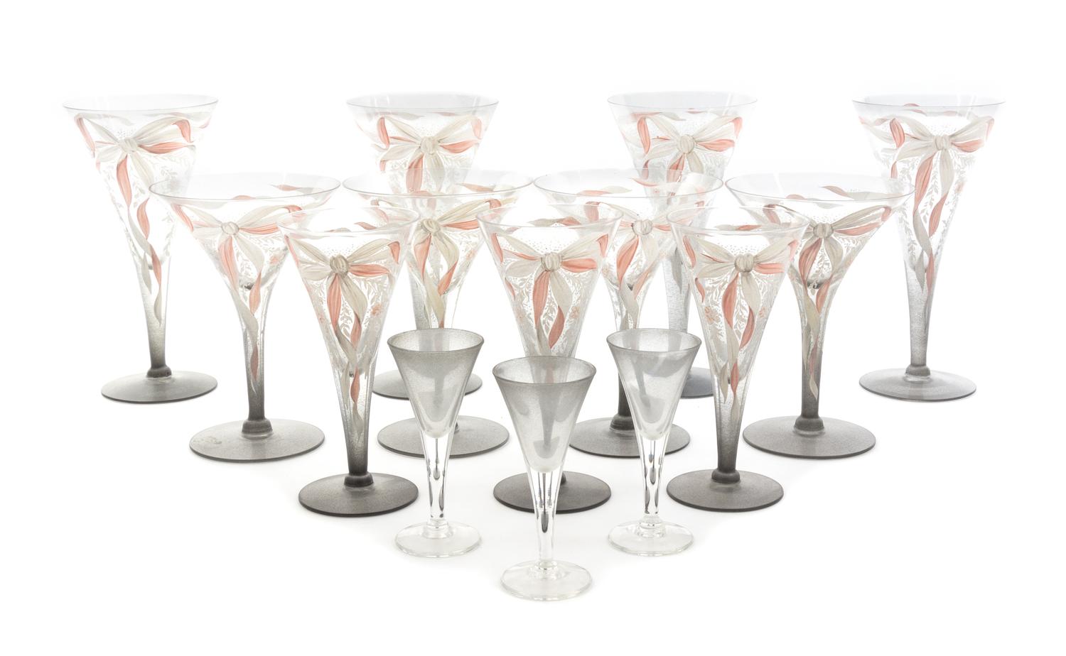 An Enameled Glass Stemware Service Height 7 1/2 inches.