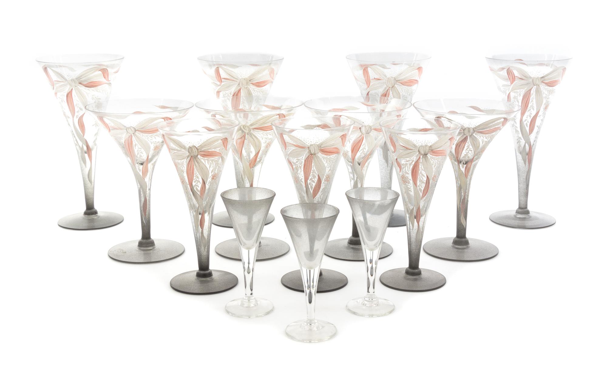 An Enameled Glass Stemware Service Height 7 1/2 inches.