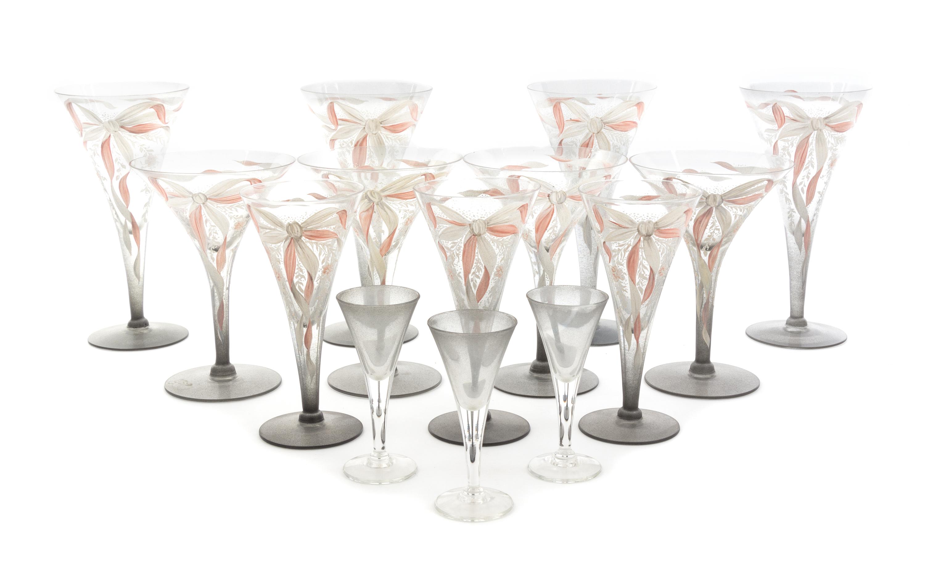 An Enameled Glass Stemware Service Height 7 1/2 inches.