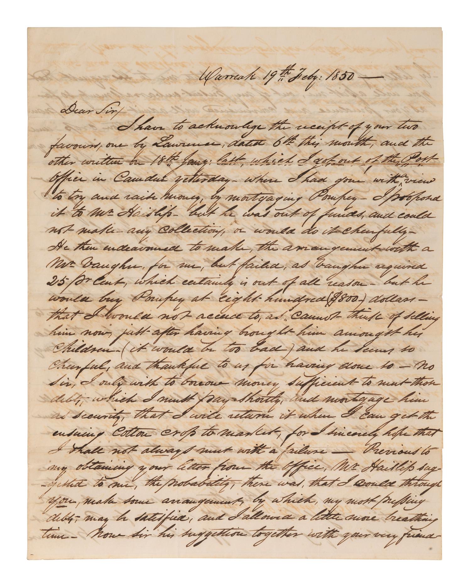 [ENSLAVEMENT]. Pair of letters lamenting the possible sale of a 35-year-old slave named Pompey. 1850.