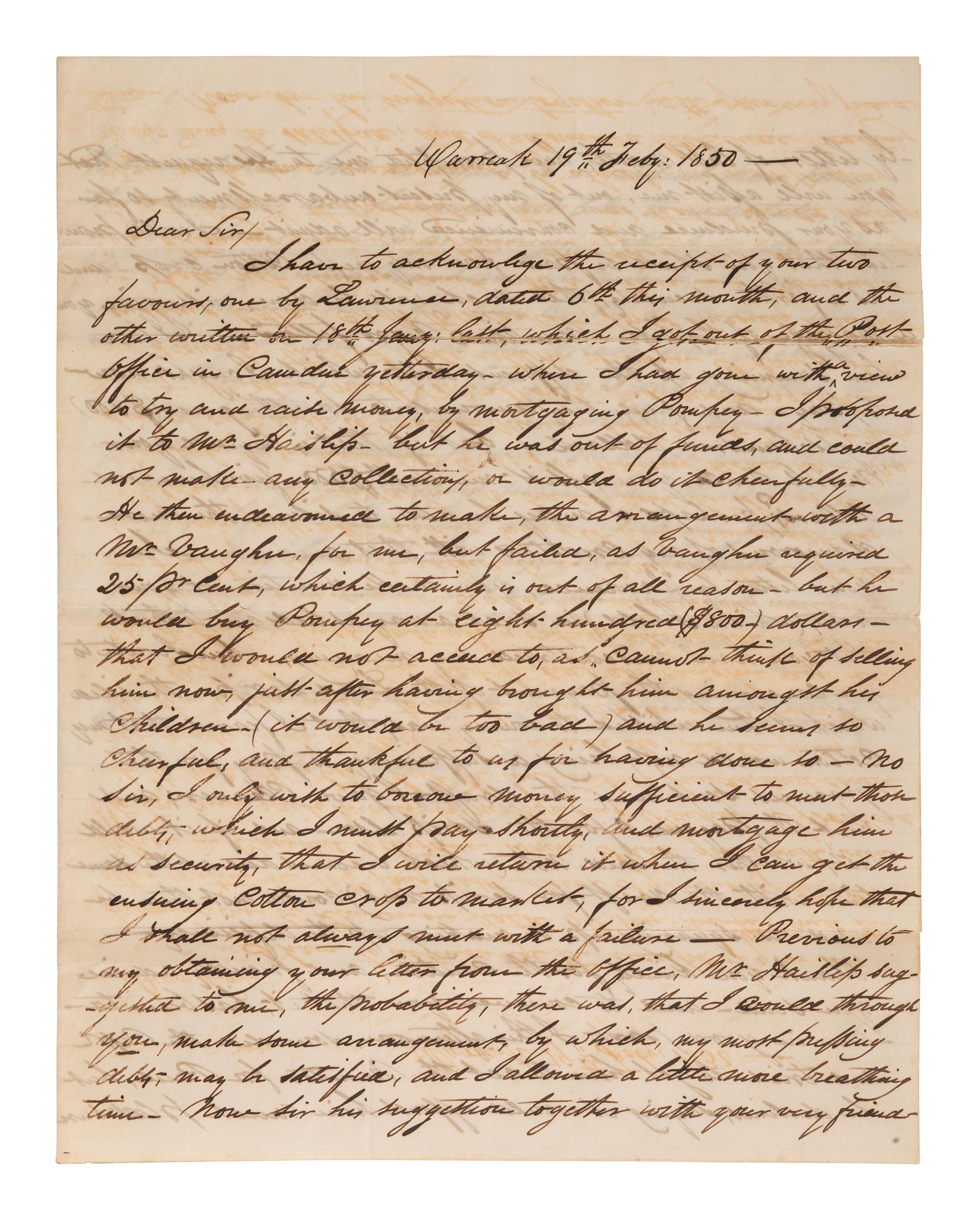 [ENSLAVEMENT]. Pair of letters lamenting the possible sale of a 35-year-old slave named Pompey. 1850.