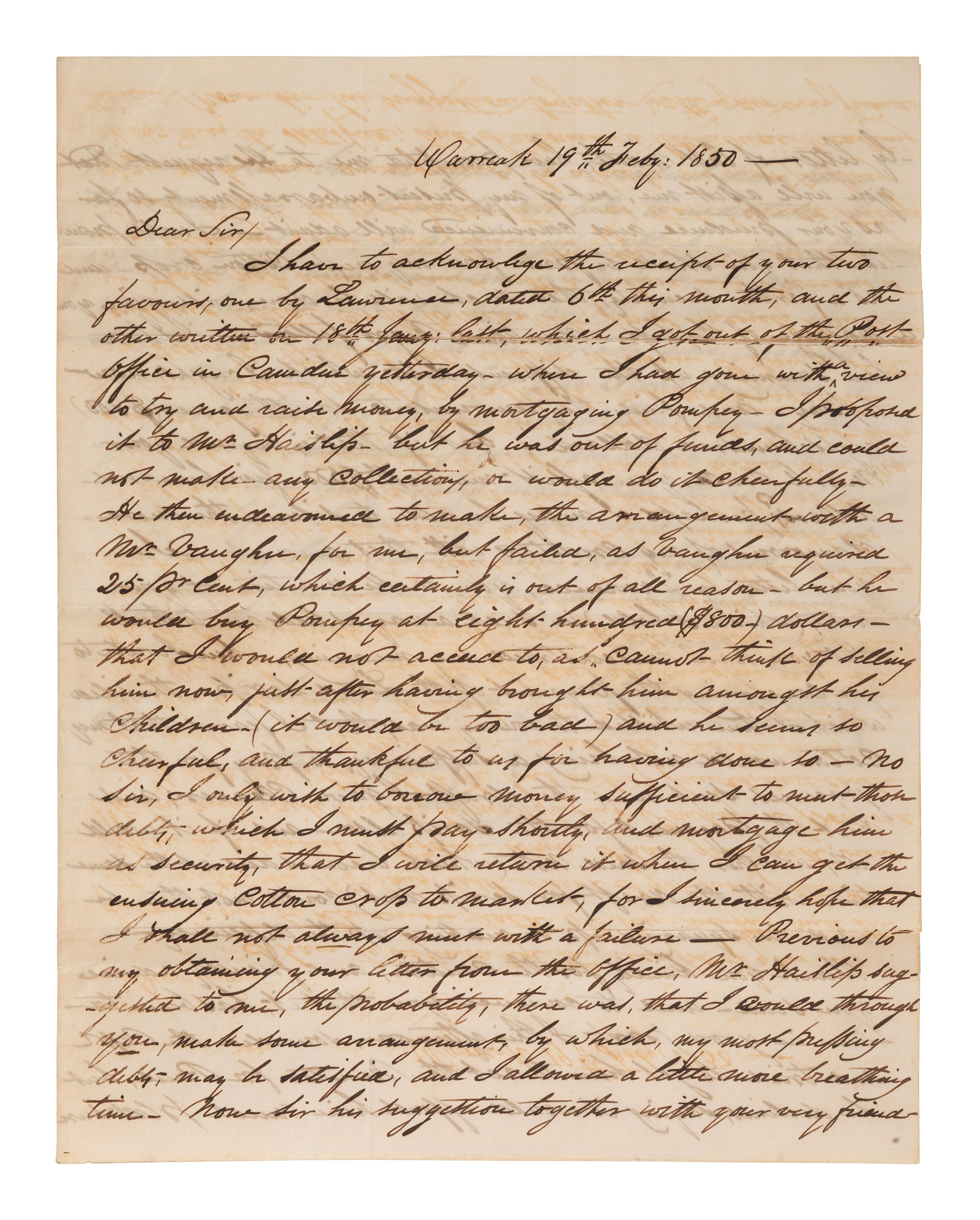 [ENSLAVEMENT]. Pair of letters lamenting the possible sale of a 35-year-old slave named Pompey. 1850.