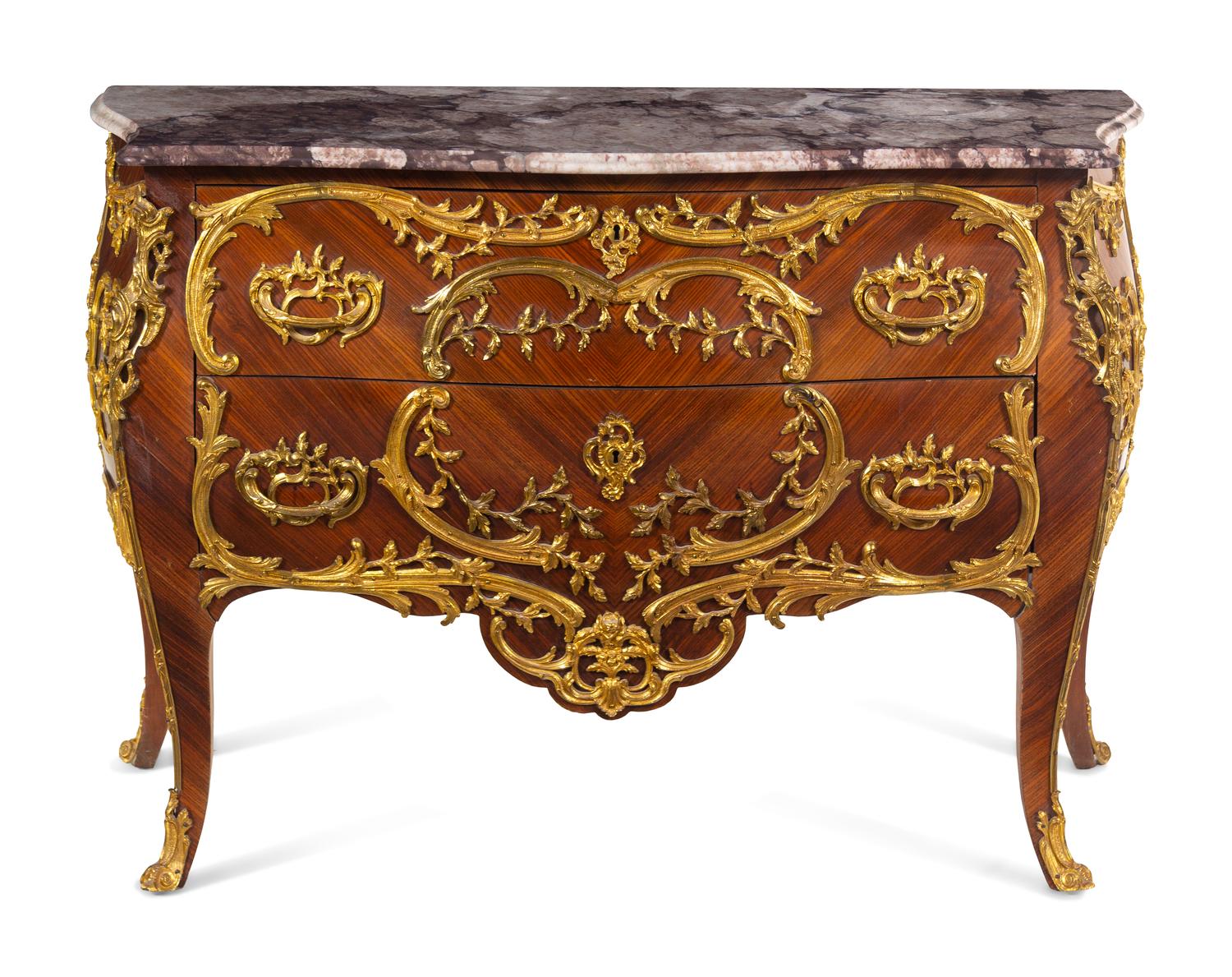 A Louis XV Style Gilt Metal Mounted Kingwood Marble-Top Bombé Commode