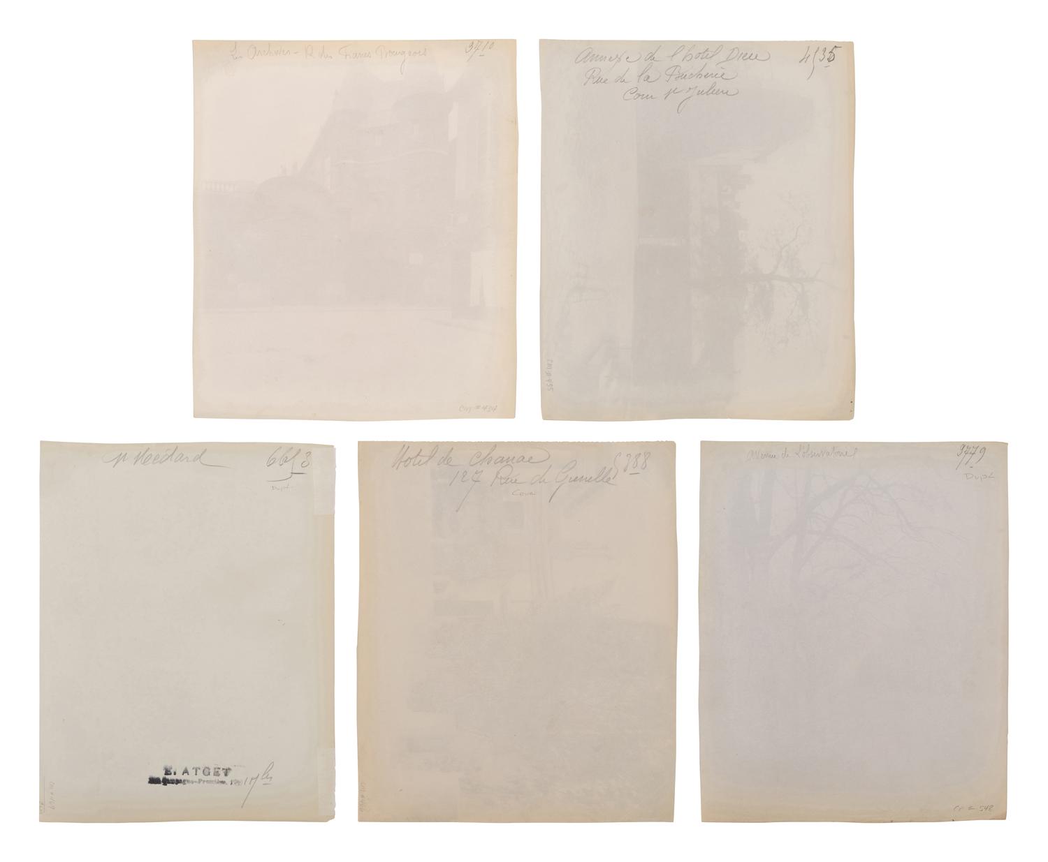 A group of five photographs depicting Paris ( Les Archives - rue des Francs Bourgeois , 1899-1900; Annexe de l'Hôtel Dieu, rue de la Bucherie, cour Saint Julien , 1902-1903; H ô tel de Chanac [cour], 127 rue de Grenelle , 1907; Saint-M é dard, 1926; Avenue de l'Observatoire , 1899-1900)