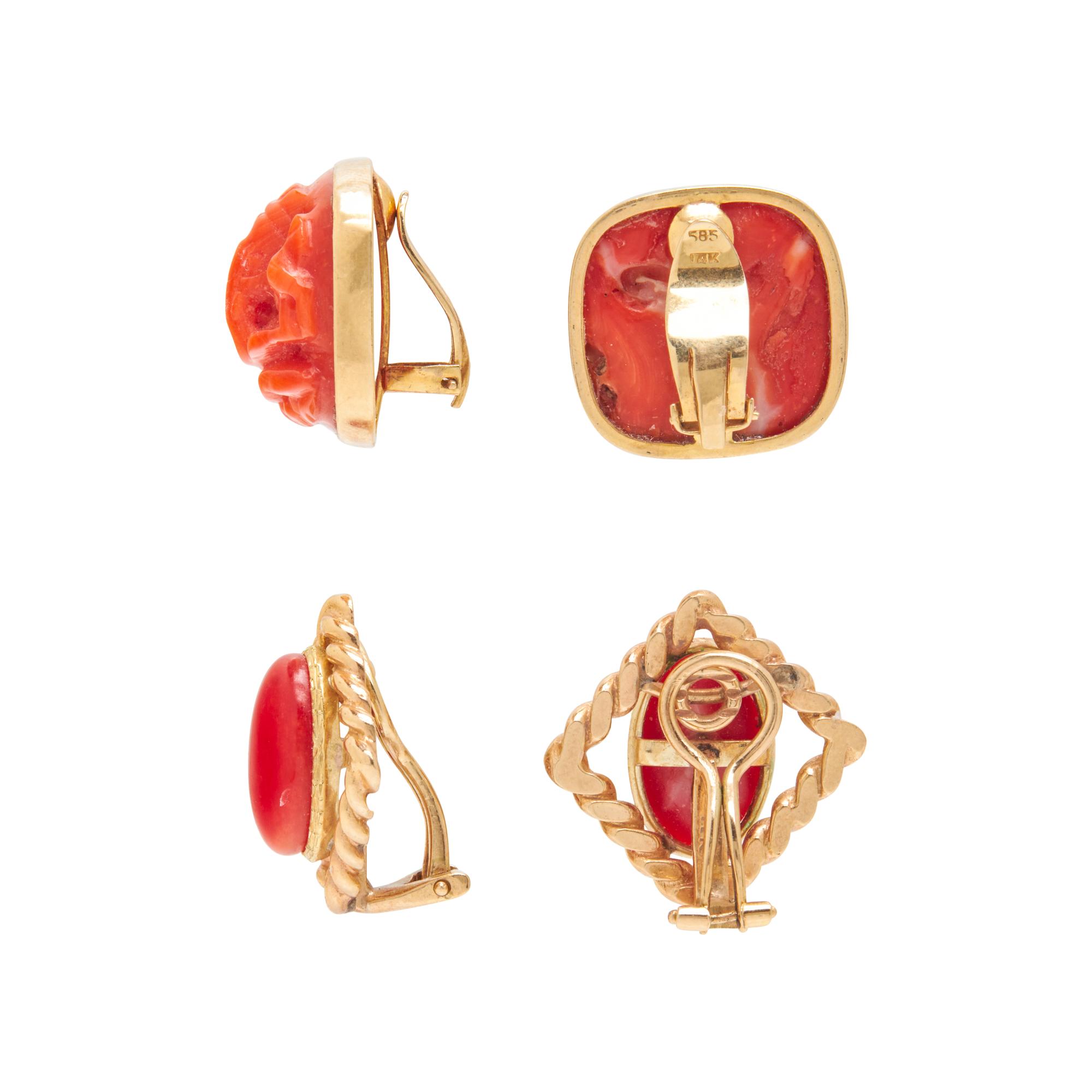 TWO PAIRS OF YELLOW GOLD AND CORAL CLIP EARRINGS