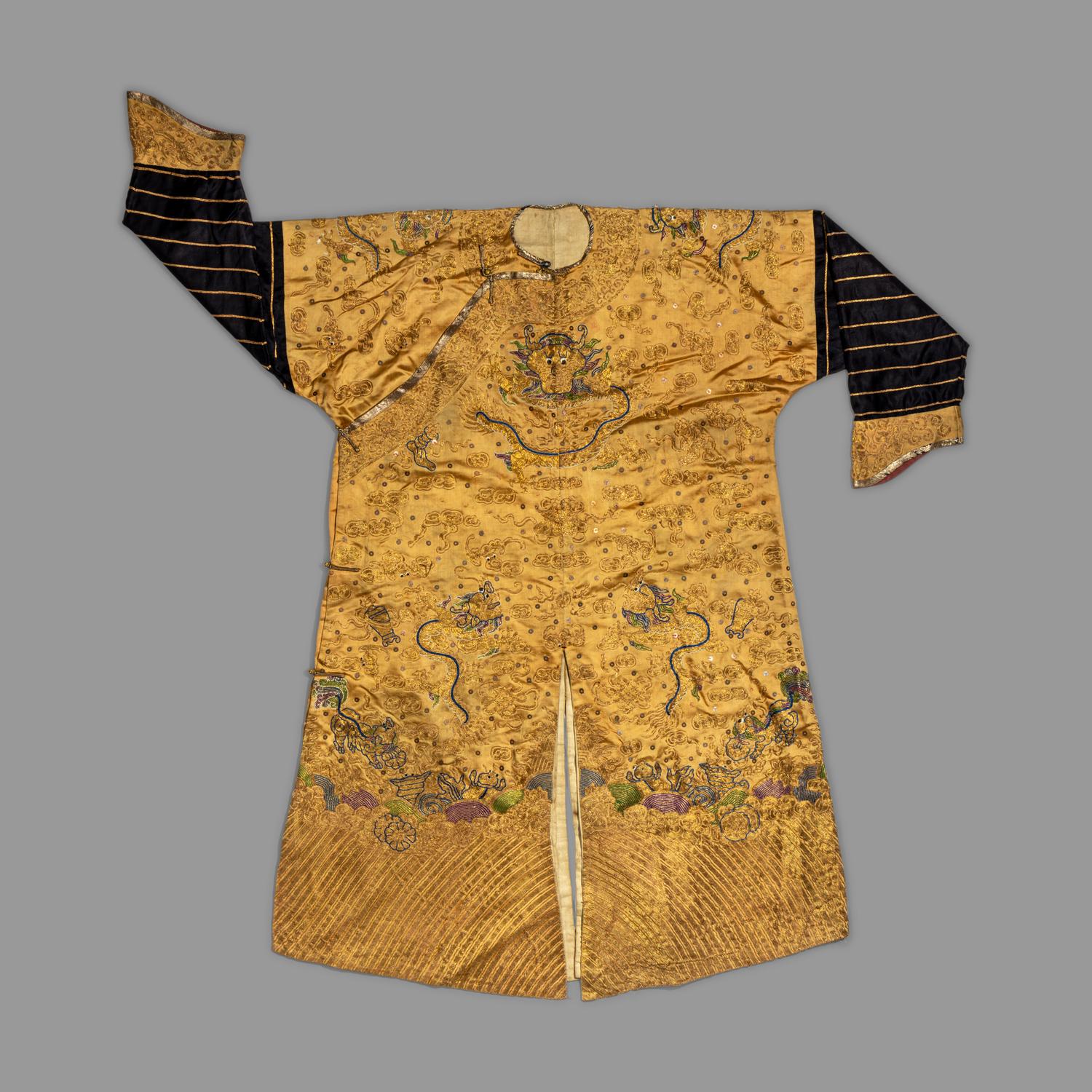 A Chinese Yellow Ground Embroidered Silk Dragon Robe