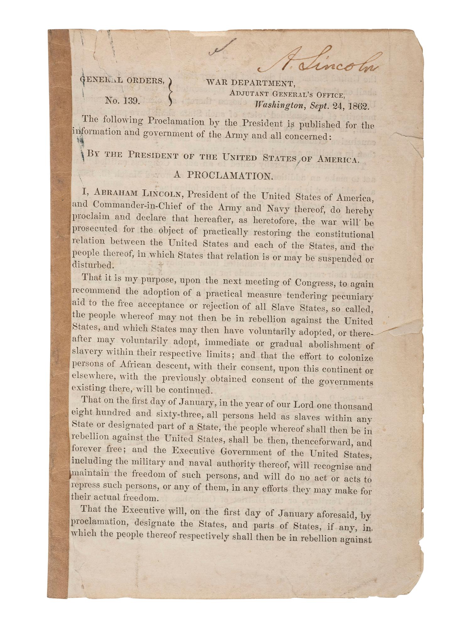 [LINCOLN, Abraham (1809-1865)] -- [AFRICAN AMERICANA]. General Orders No. 139, Lincoln's preliminary emancipation proclamation, with Lincoln signature, a Field and Sickles forgery.