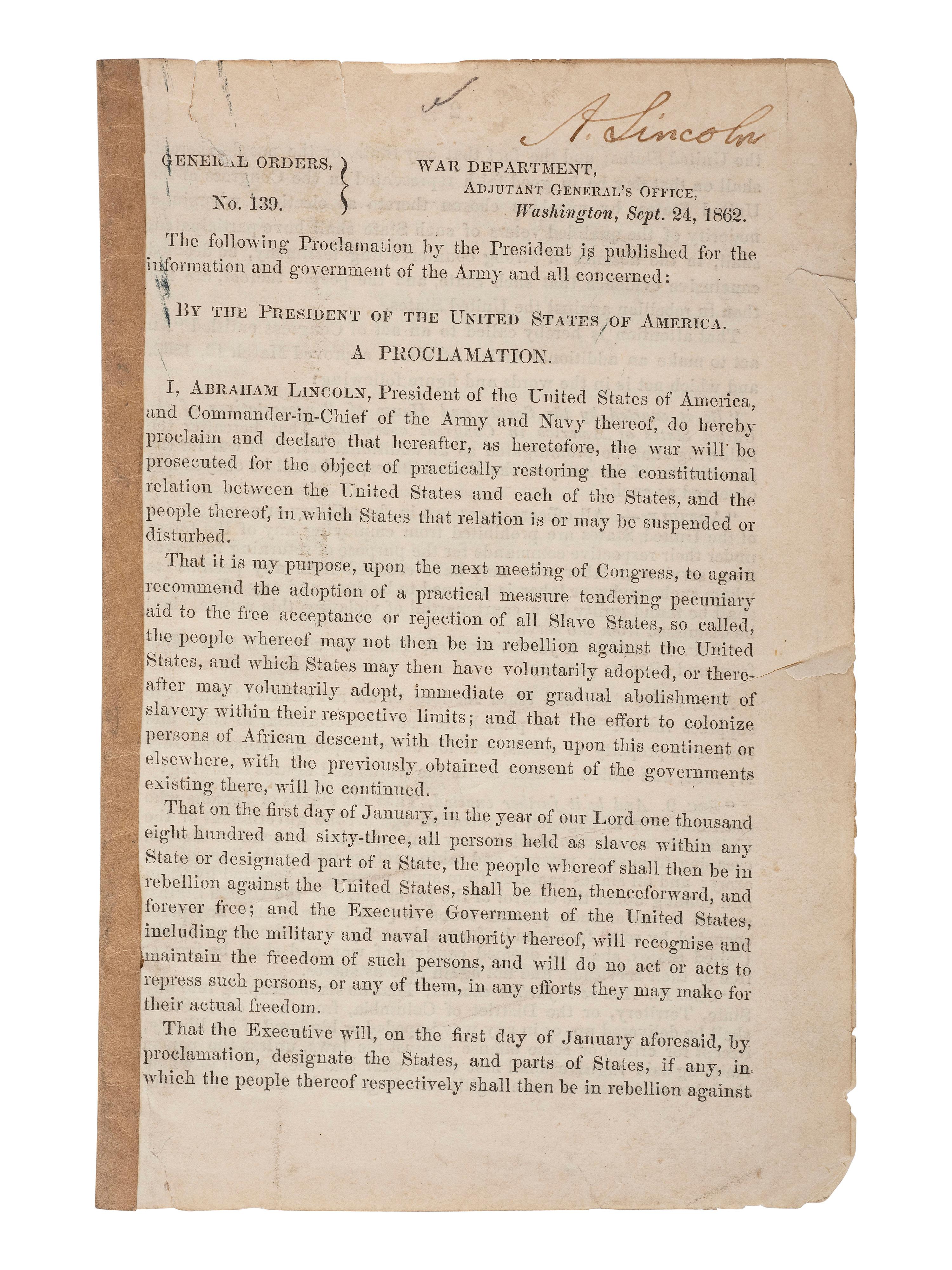 [LINCOLN, Abraham (1809-1865)] -- [AFRICAN AMERICANA]. General Orders No. 139, Lincoln's preliminary emancipation proclamation, with Lincoln signature, a Field and Sickles forgery.
