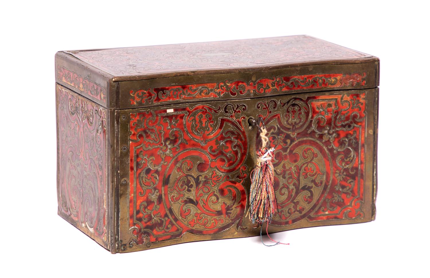 Louis Philippe Boulle Tea Chest Height 5 1/8 x length 8 7/8 x depth 4 3/4 inches.