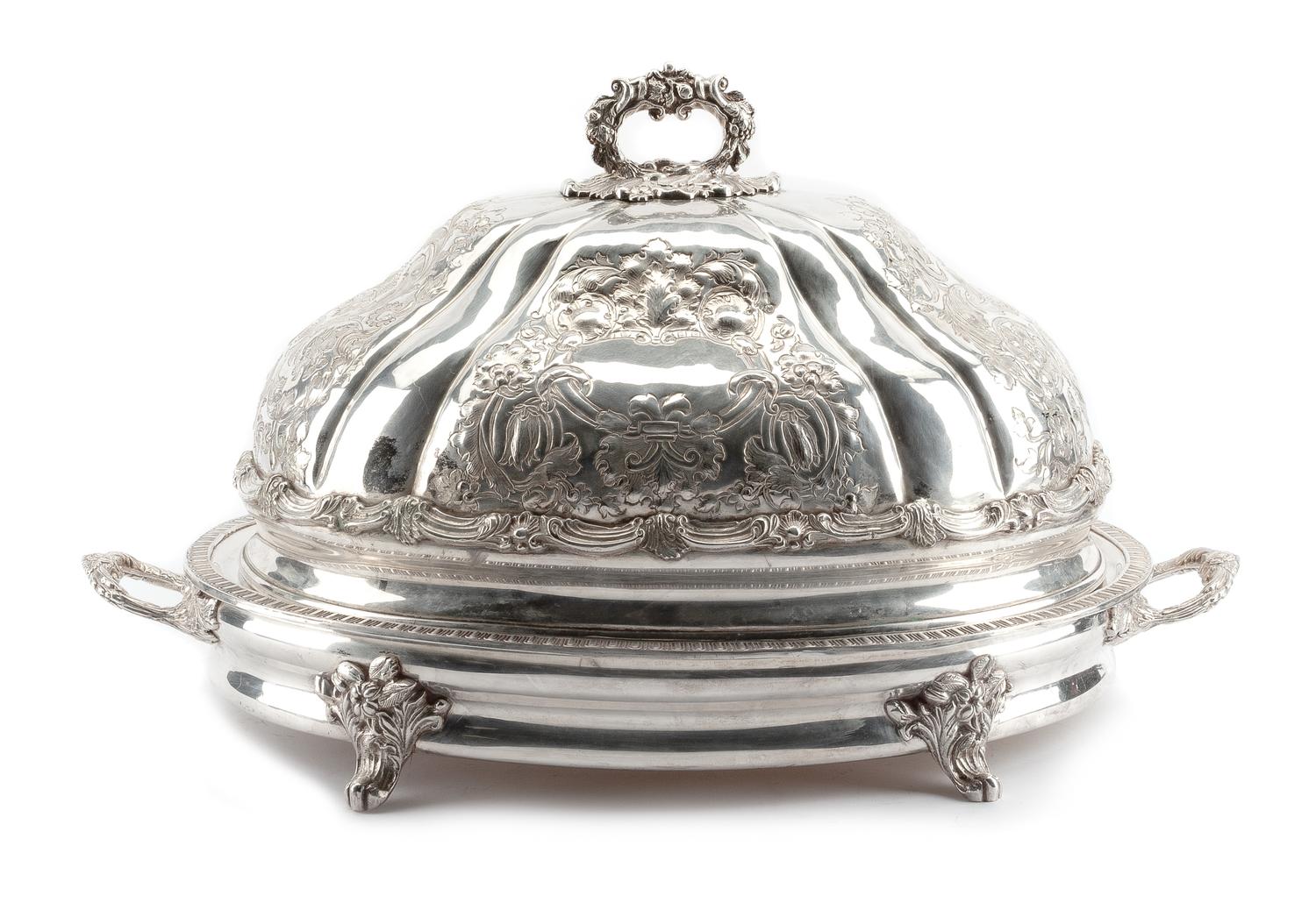 An English Silver-Plate Well-and-Tree Warming Stand with Cover, Late 19th/Early 20th Century, of oval form, the handled stand raised on