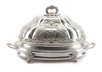 An English Silver-Plate Well-and-Tree Warming Stand with Cover, Late 19th/Early 20th Century, of oval form, the handled stand raised on