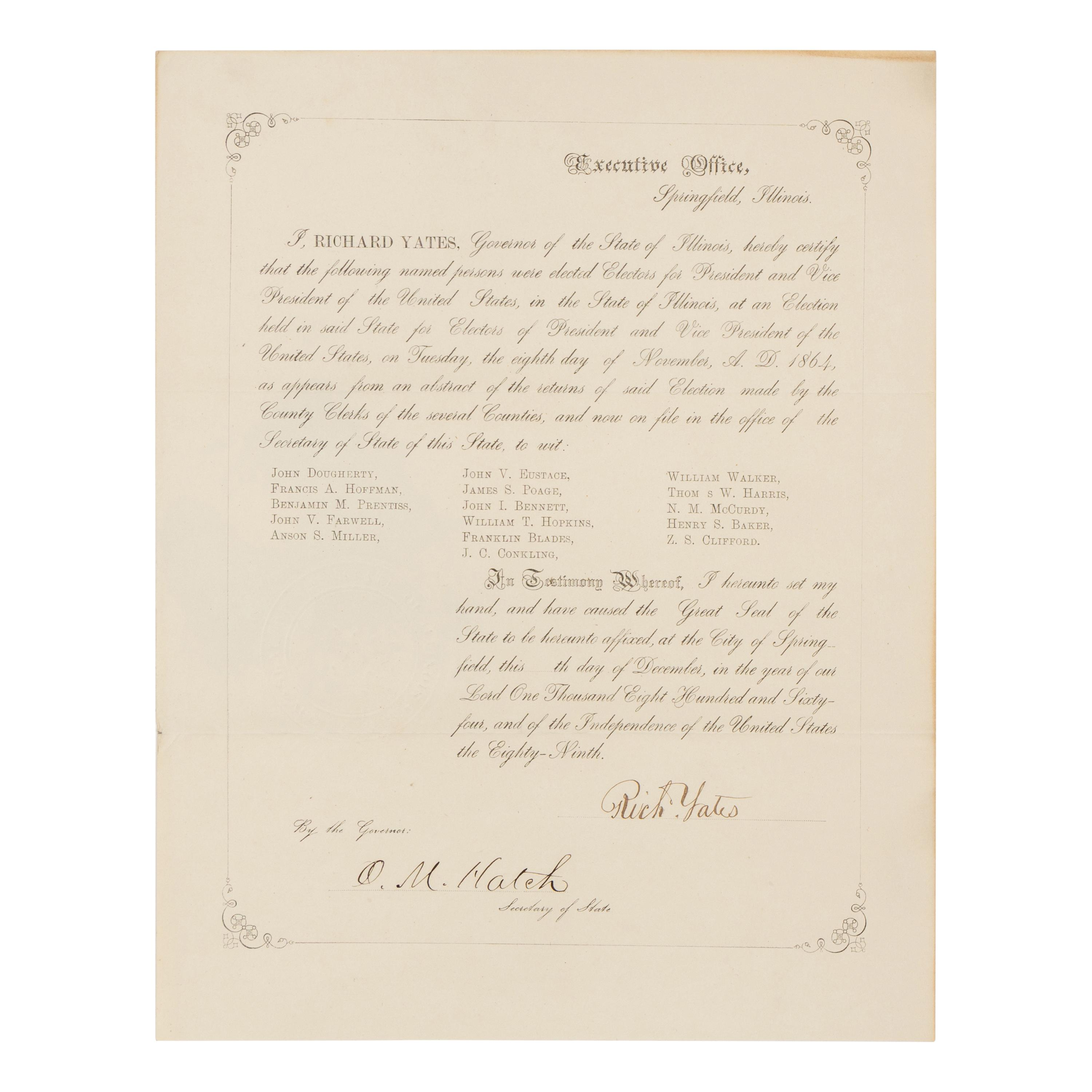 [LINCOLN-JOHNSON CAMPAIGN]. YATES, Richard (1815-1873). Engraved document signed ("Rich. Yates"), Springfield, Illinois, December 1864.