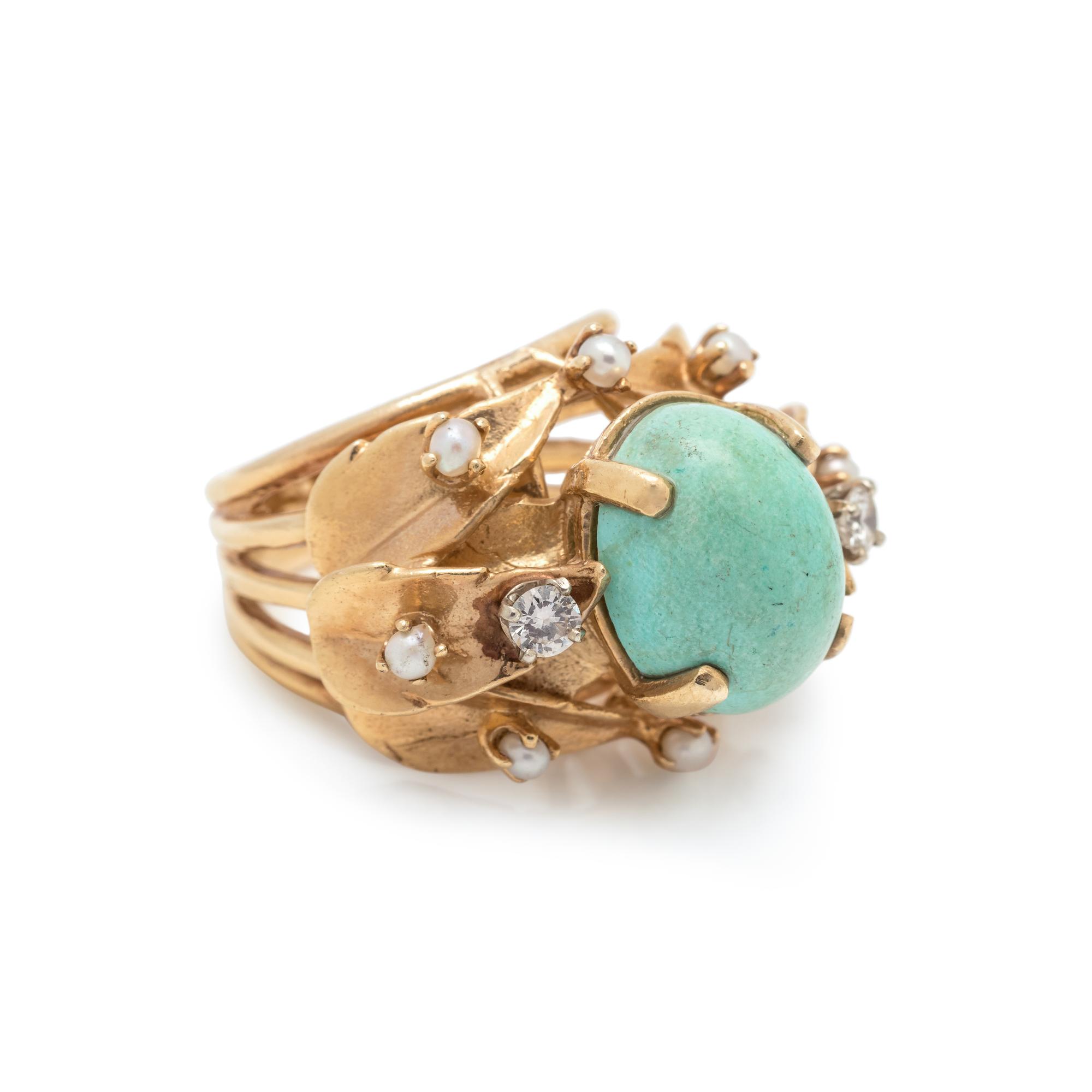 SYNTHETIC TURQUOISE, DIAMOND AND SEED PEARL RING