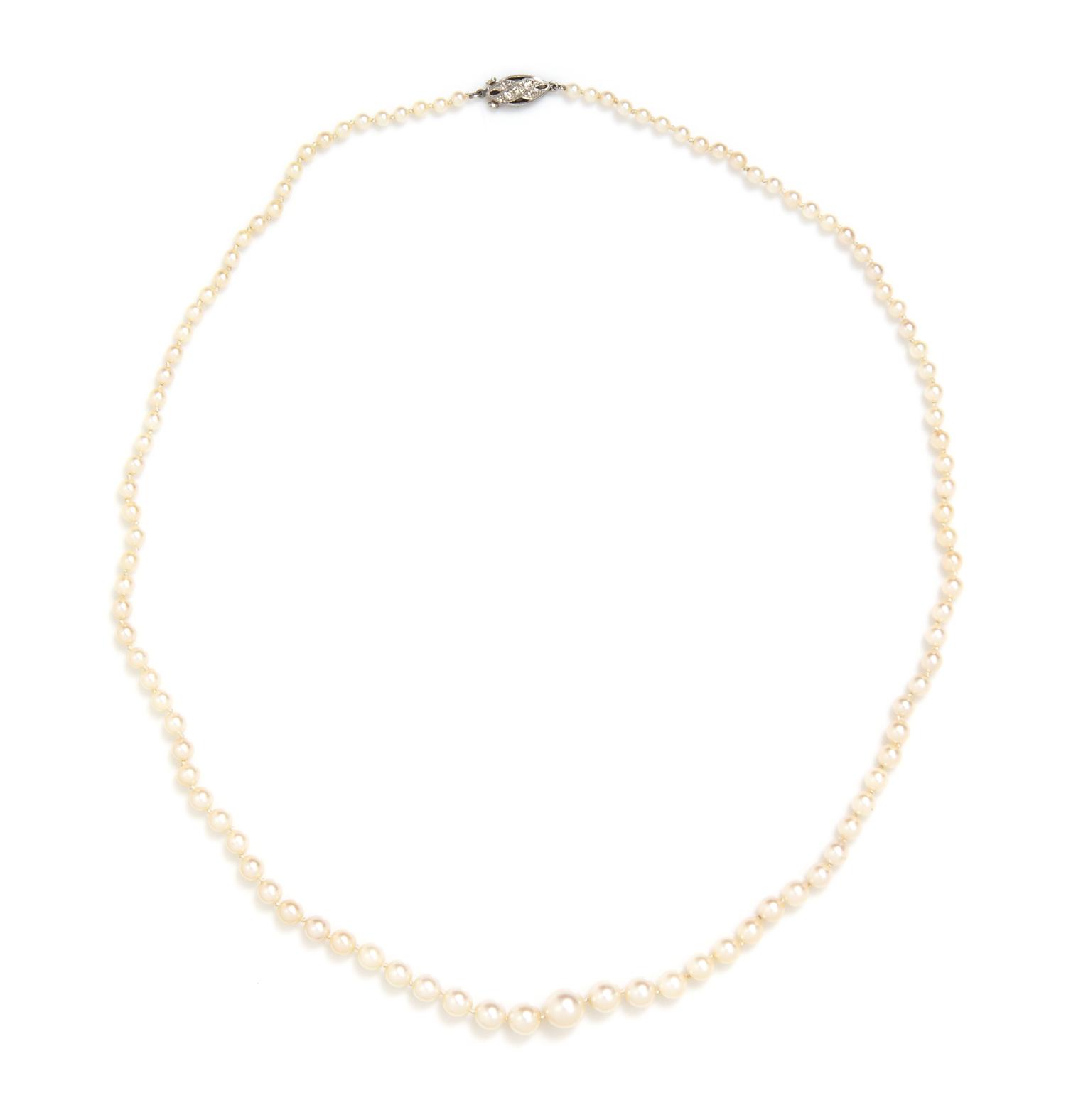A Platinum, Diamond and Graduated Cultured Pearl Necklace,