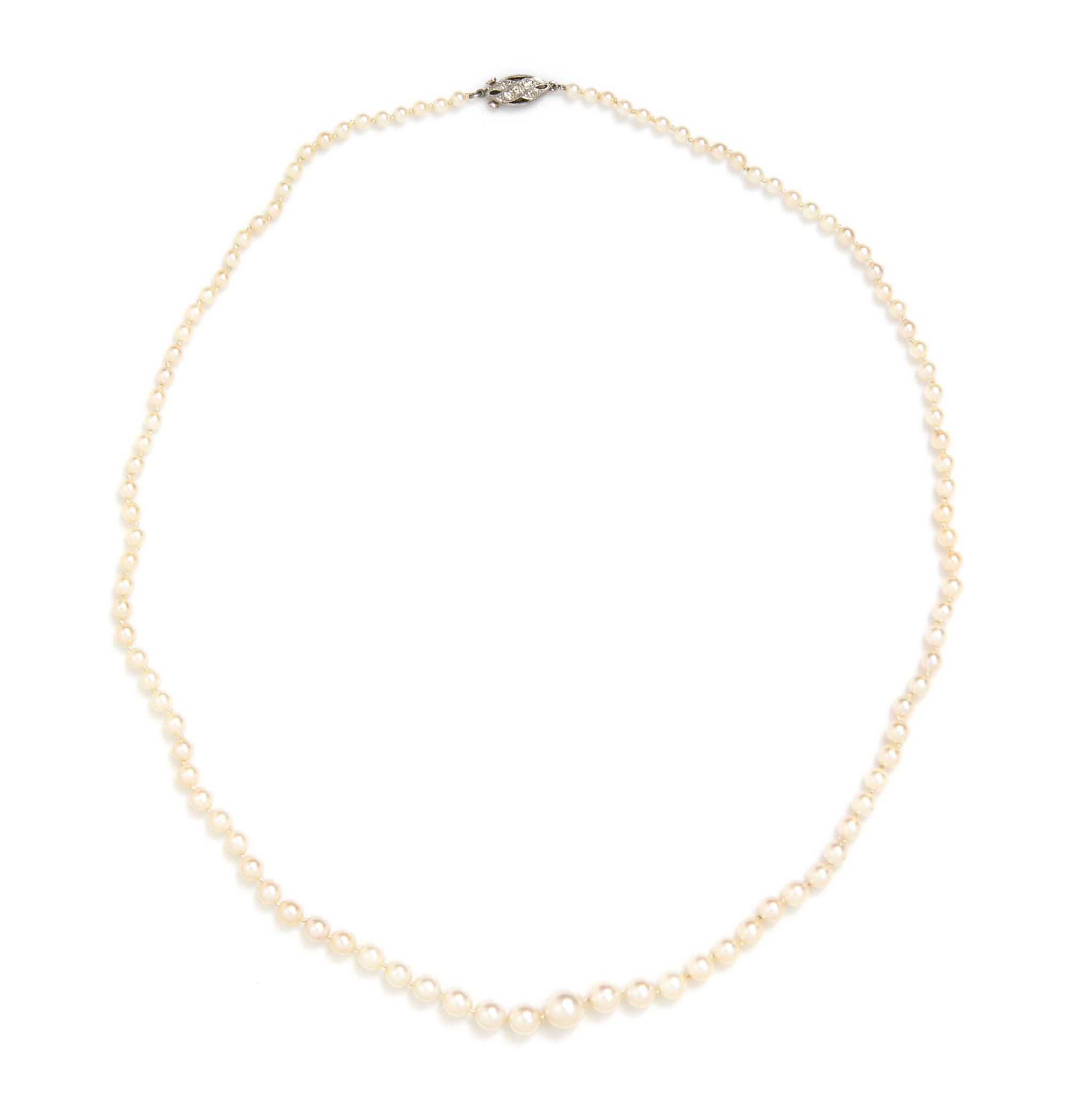 A Platinum, Diamond and Graduated Cultured Pearl Necklace,