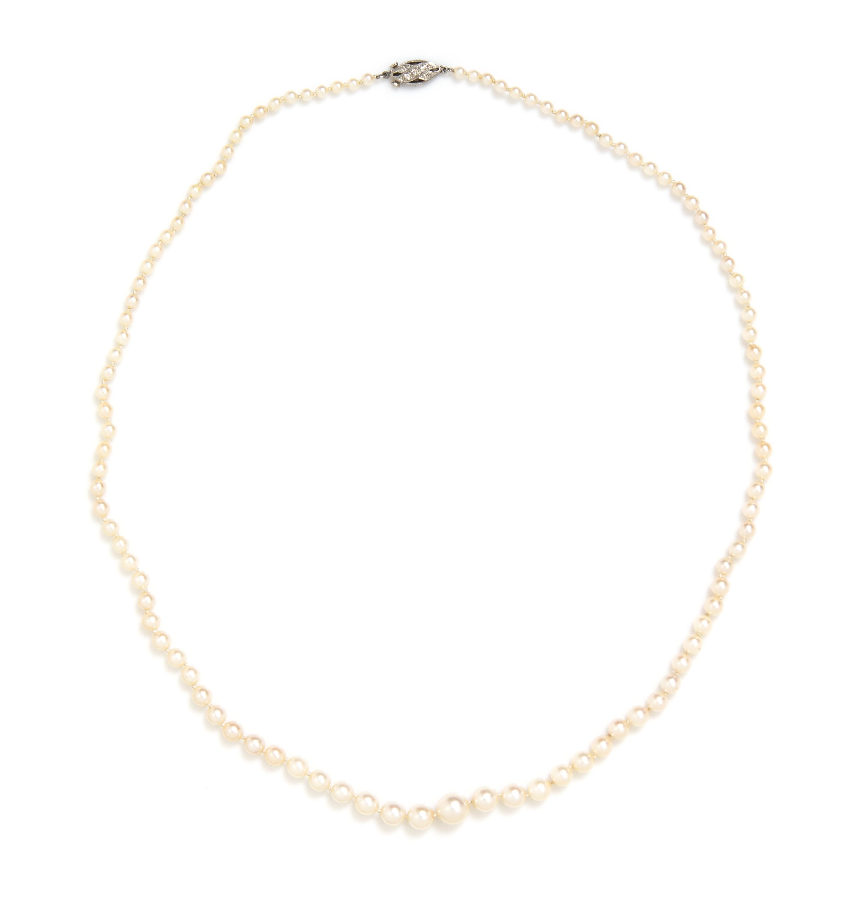 A Platinum, Diamond and Graduated Cultured Pearl Necklace,