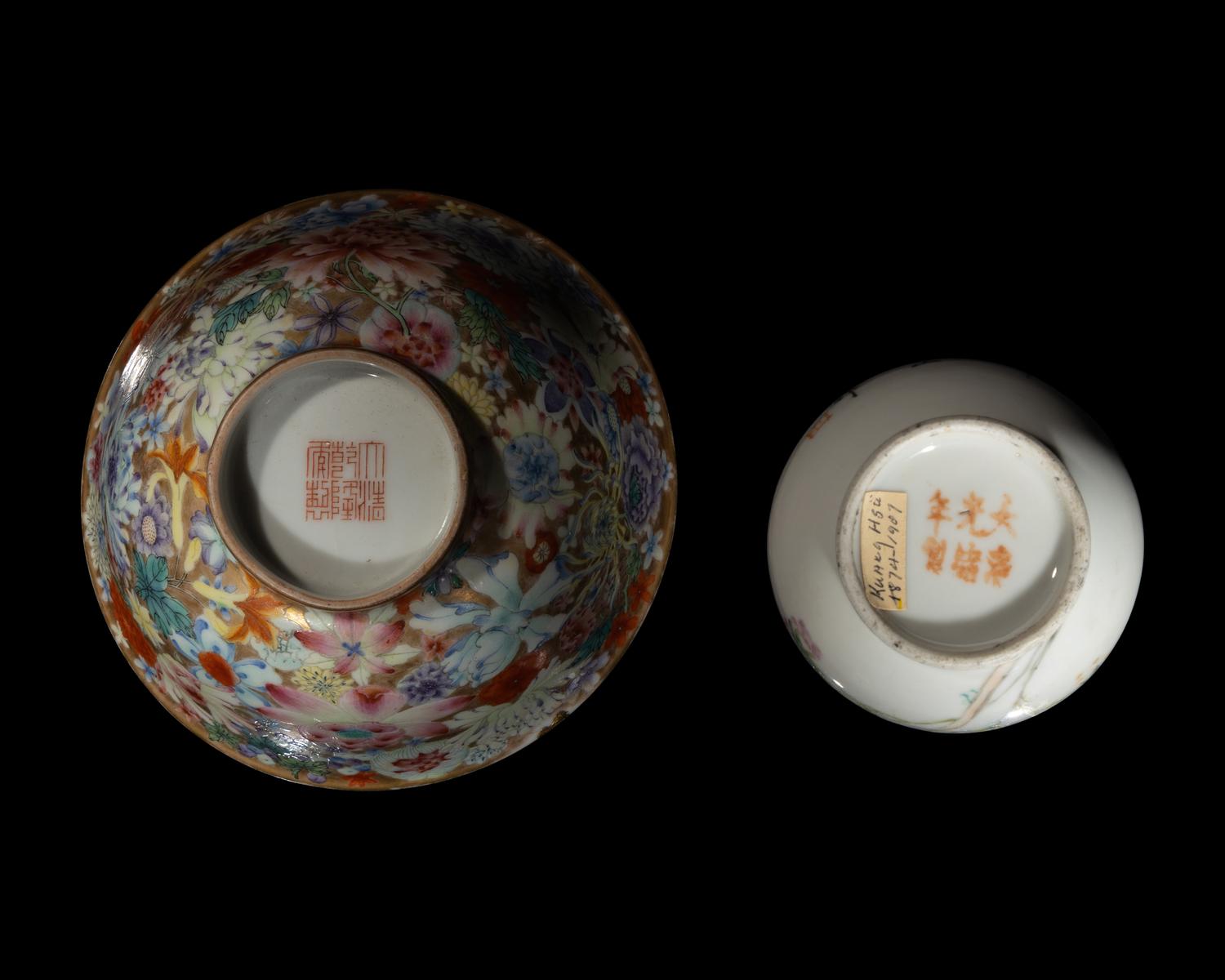 Two Chinese Famille Rose Porcelain Wares, Late Qing/Republic Period 晚清/民國 粉彩花鳥紋雙耳壺及百花不落地碗