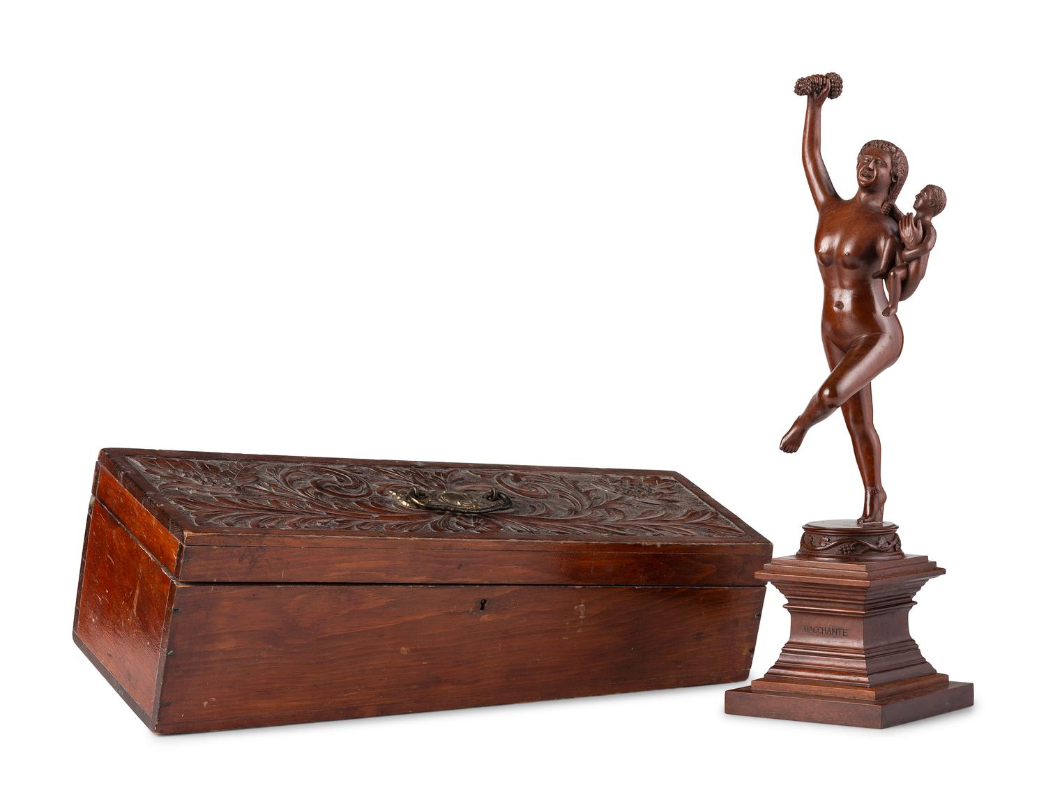 An American Carved Cherrywood Bacchante and Infant Sculpture