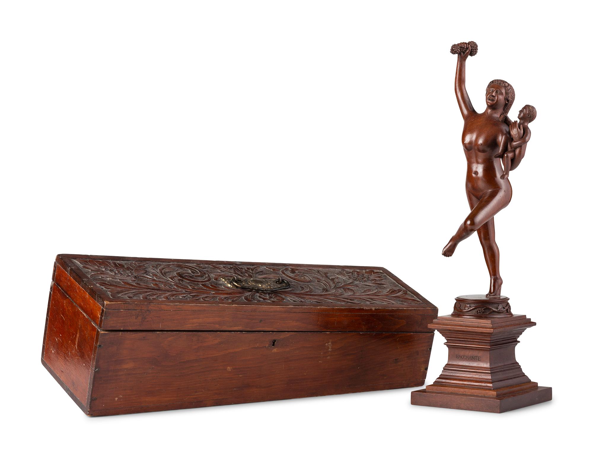 An American Carved Cherrywood Bacchante and Infant Sculpture