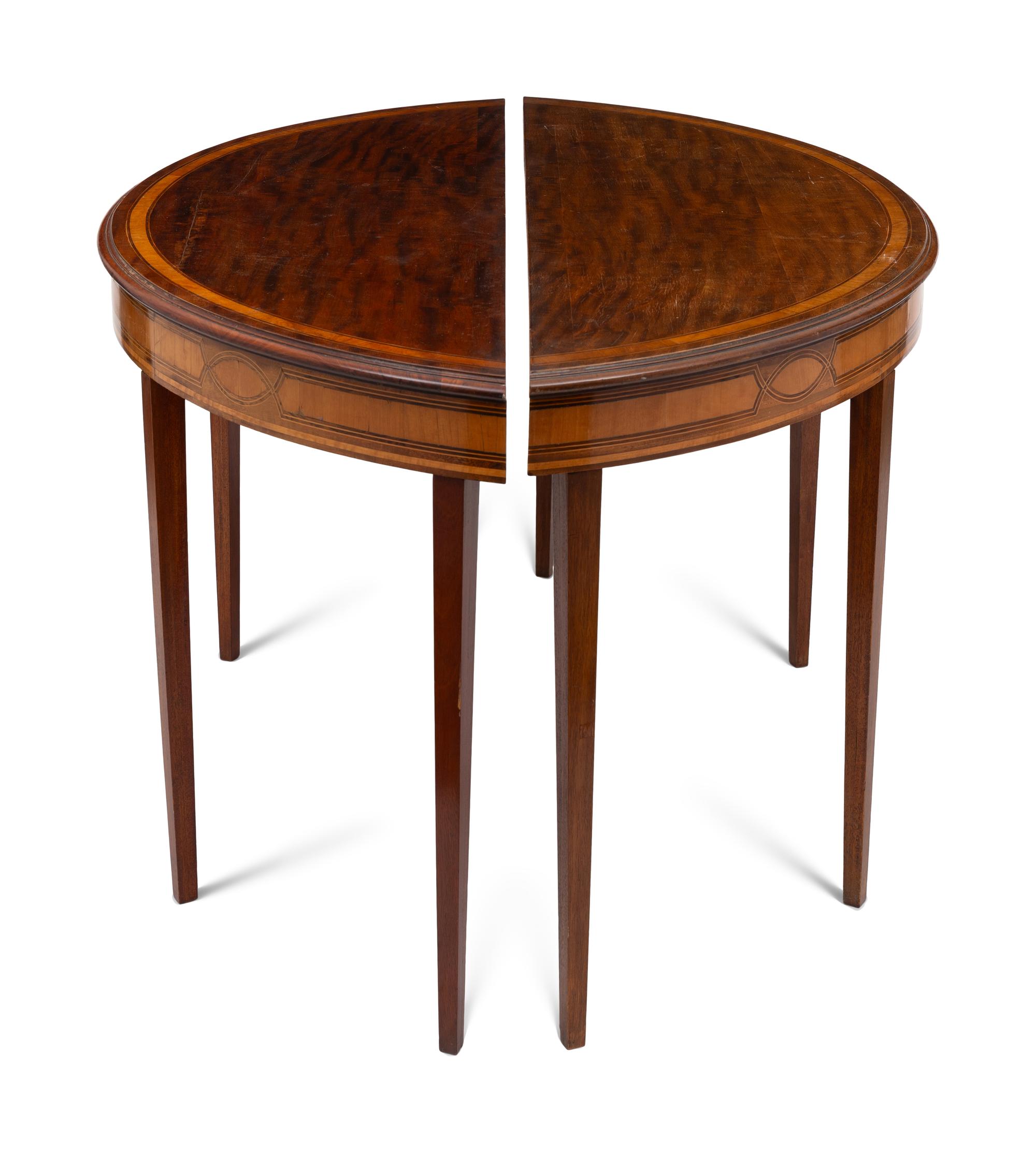 A Pair of George IV Mahogany and Satinwood Demilune Console Tables