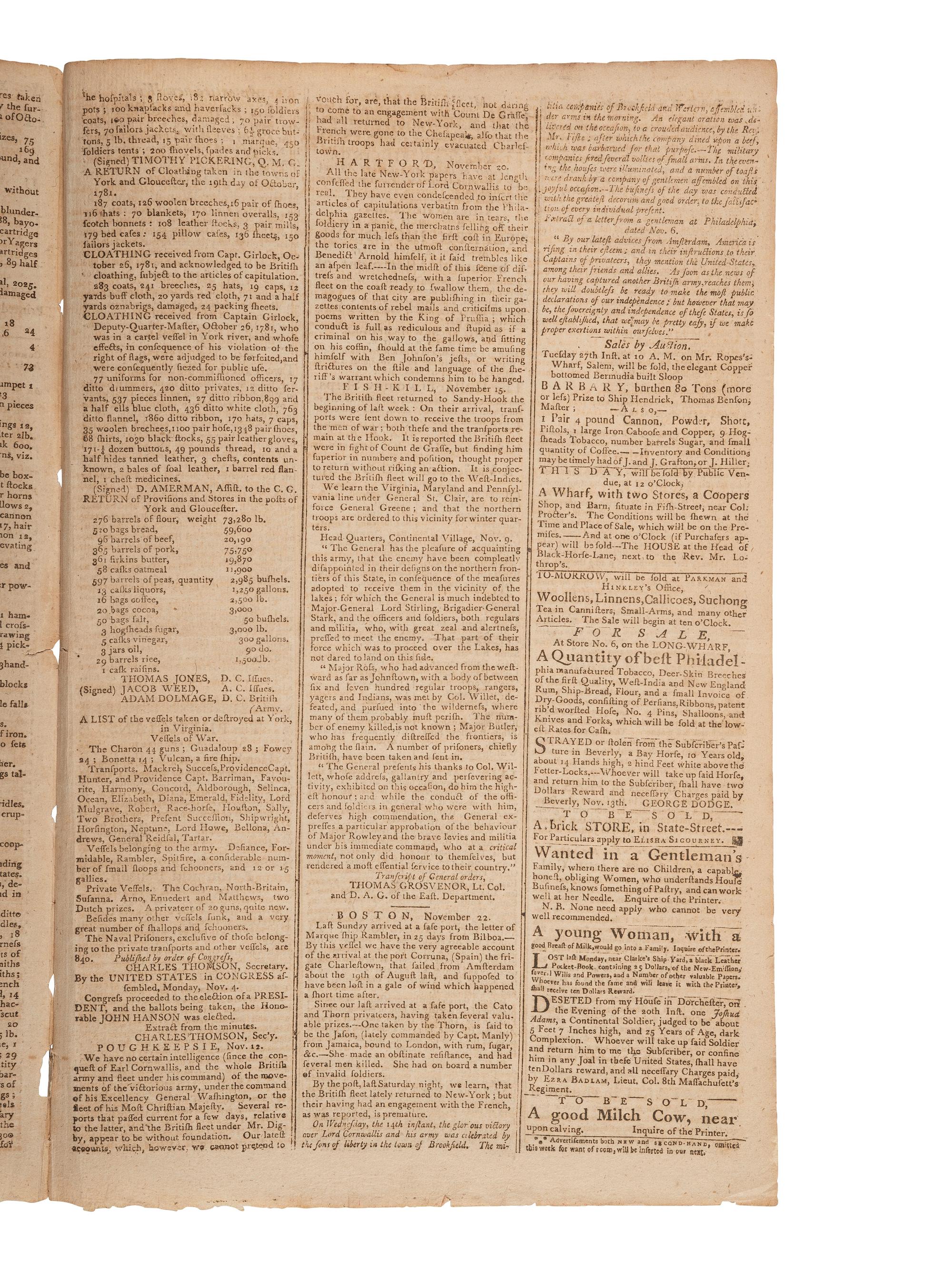 [American Revolution] Independent Chronicle and Universal Advertiser, November 22, 1781.