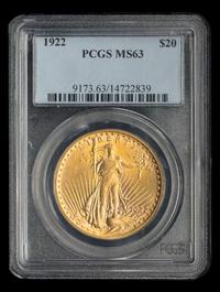 A United States 1922 St. Gaudens $20 Gold Coin