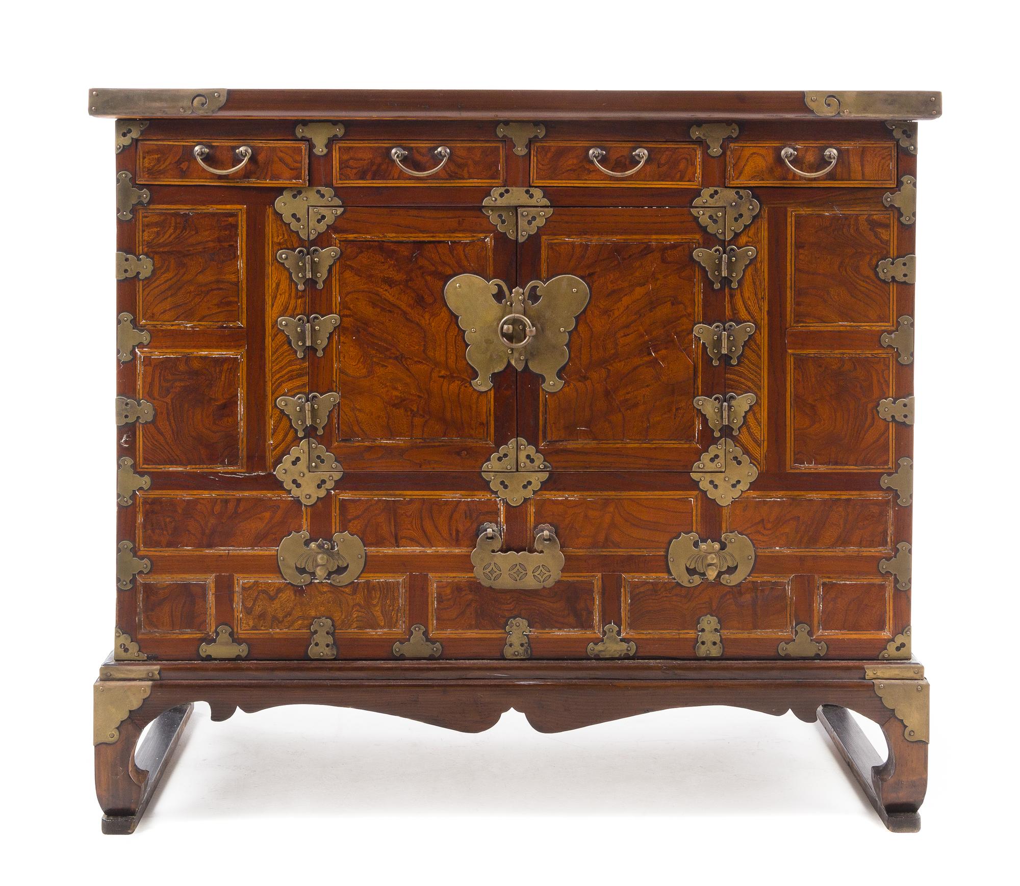A Korean Brass Mounted Hardwood Chest Height 32 1/2 x length 37 x depth 18 inches. — 19TH CENTURY