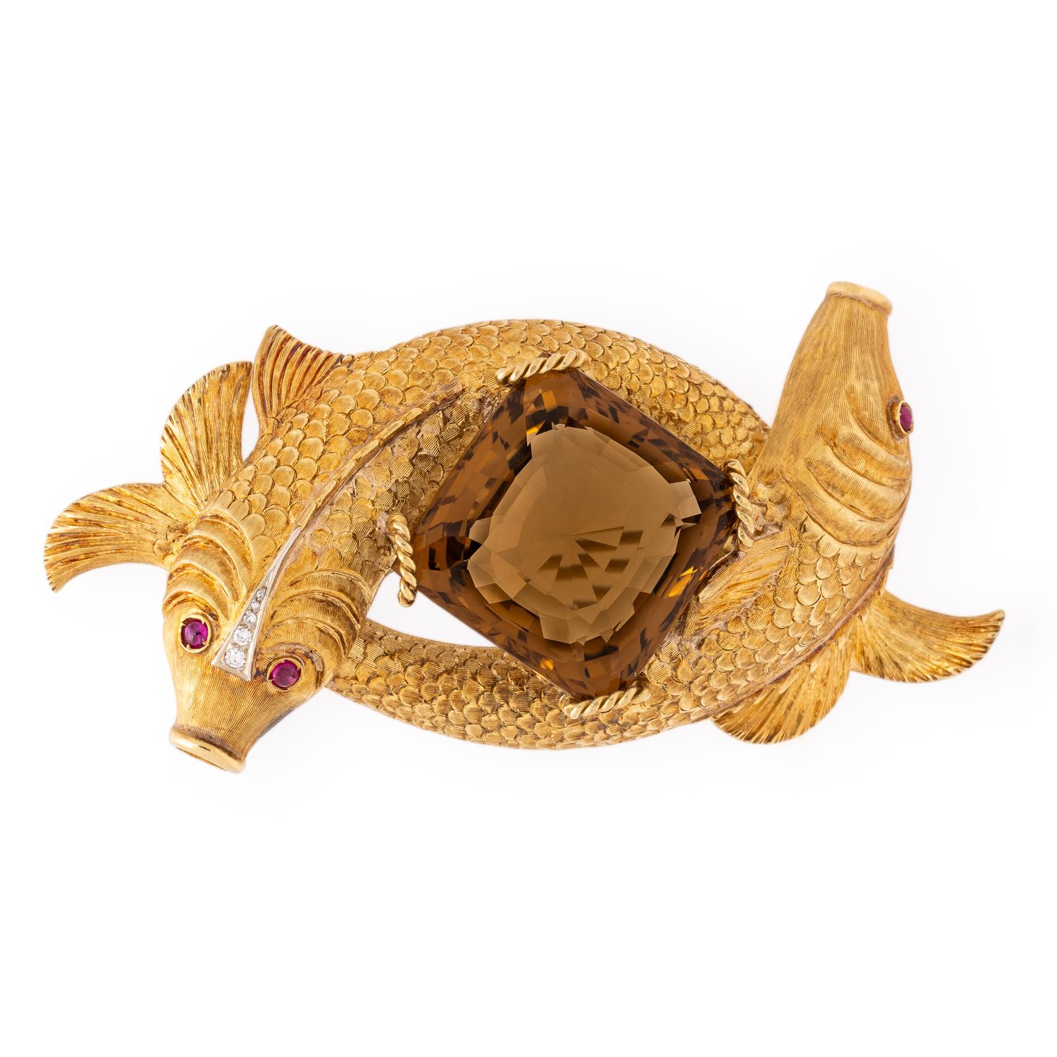 Yellow Gold and Citrine Koi Fish Brooch