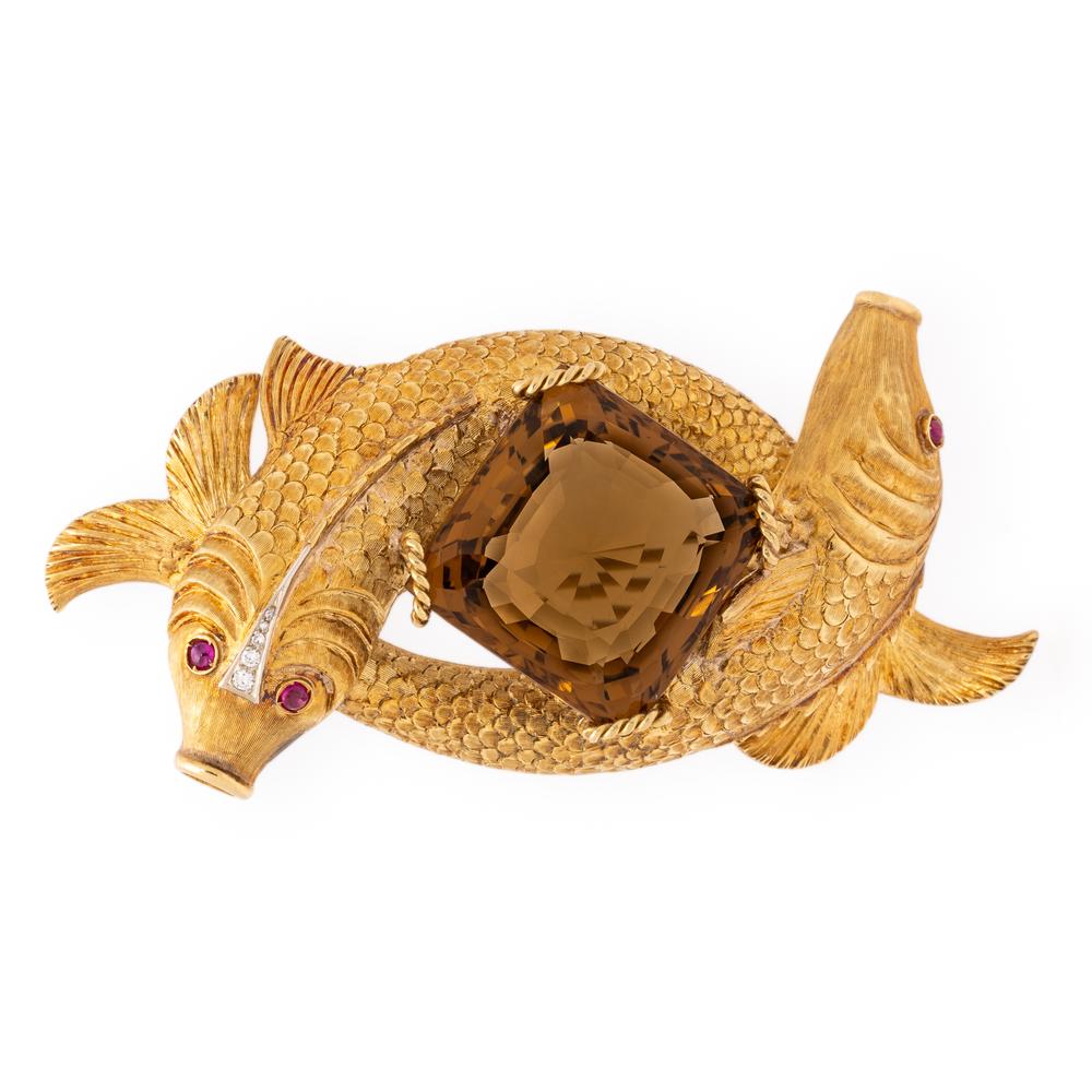 Yellow Gold and Citrine Koi Fish Brooch