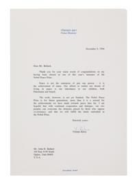 [JUDAICA] RABIN, Yitzhak (1922-1995). Typed letter signed (“Y. Rabin”), as Prime Minister, to John H. Bullard. Jerusalem, 9 November 1994. 1 page, 4to, on Prime Minister stationery.