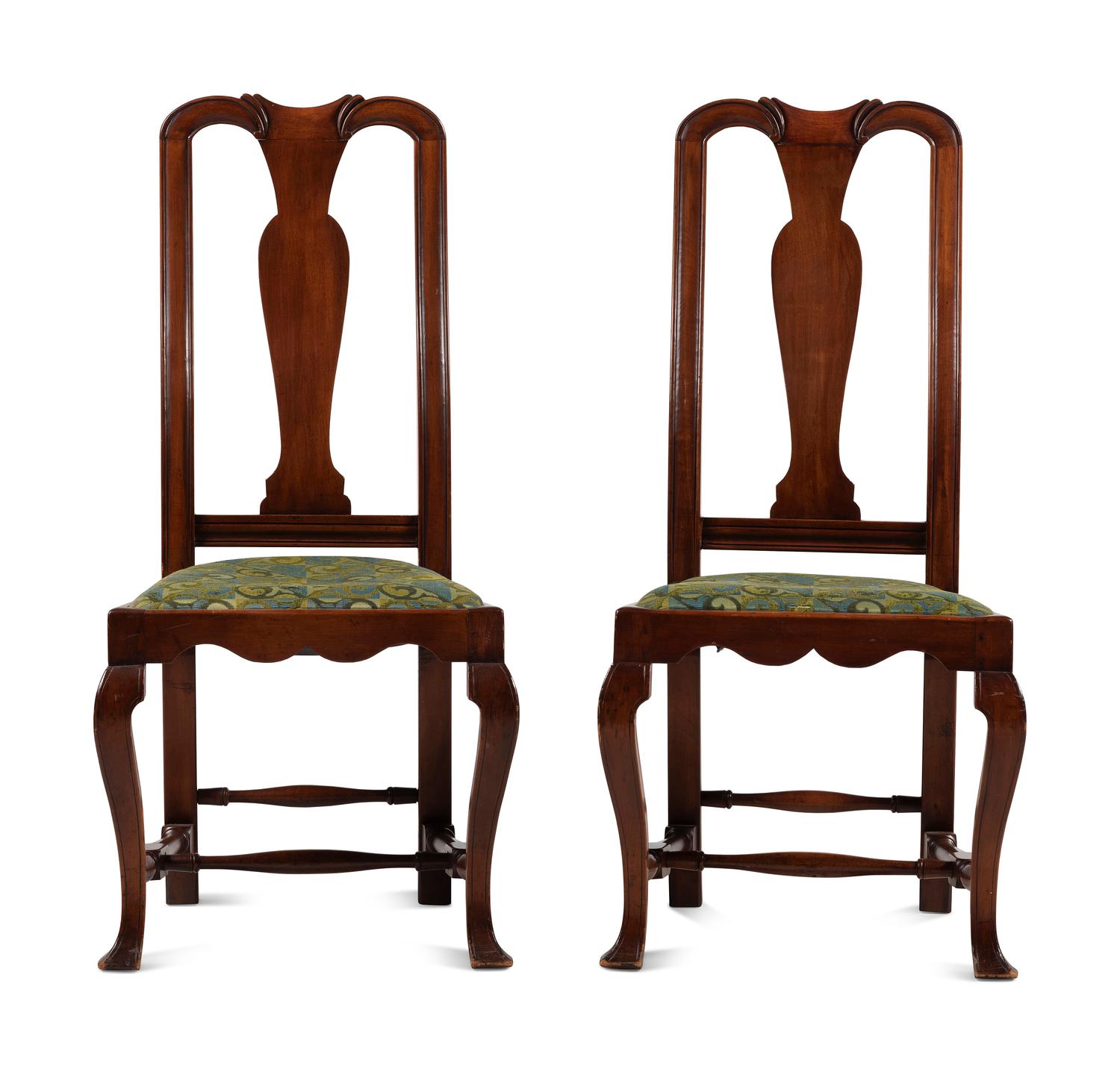 A Pair of William and Mary Style Carved and Stained Maple Side Chairs