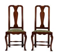 A Pair of William and Mary Style Carved and Stained Maple Side Chairs