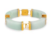 A 14 Karat Yellow Gold, Jade and Cultured Pearl Bracelet,