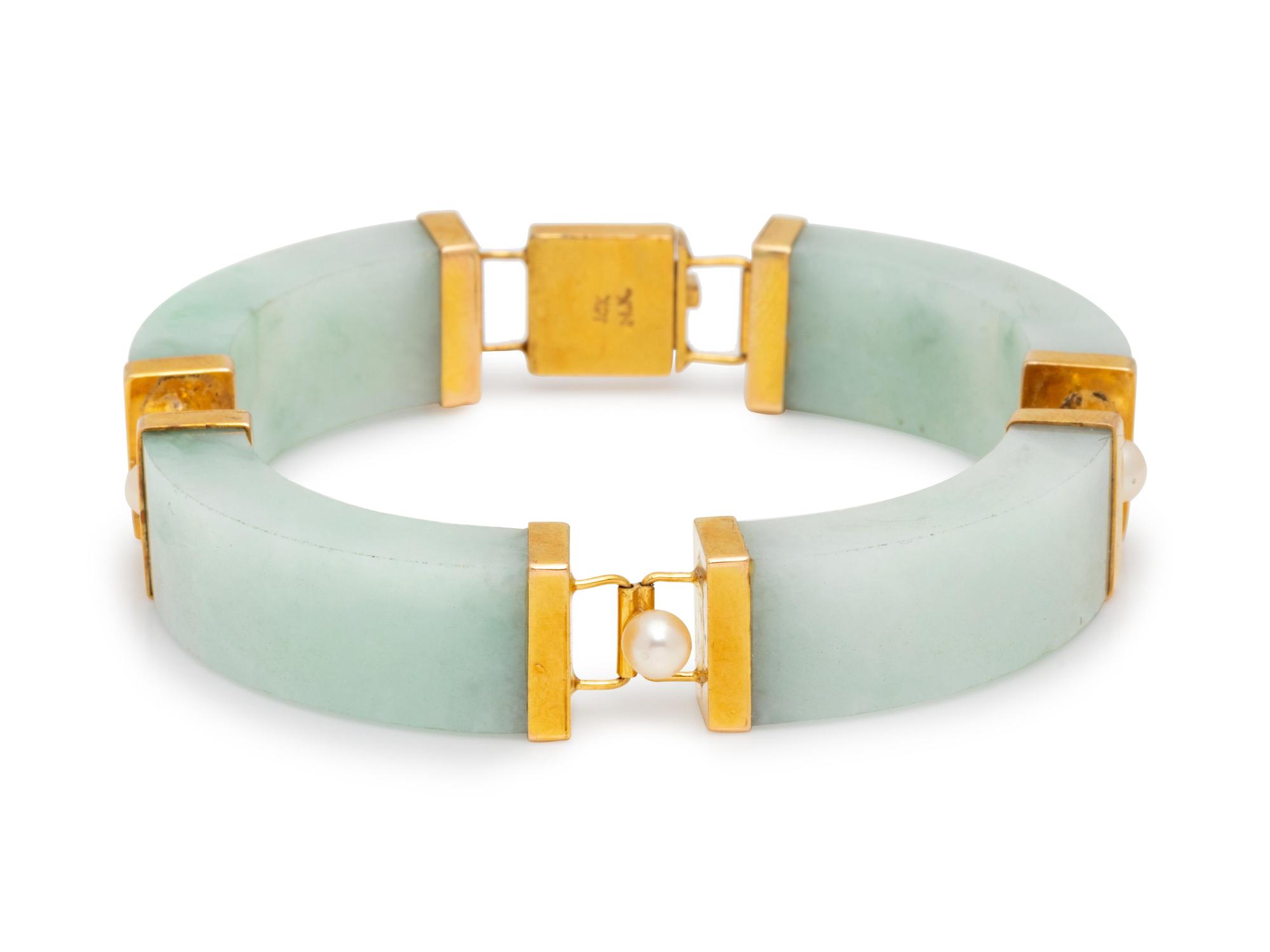 A 14 Karat Yellow Gold, Jade and Cultured Pearl Bracelet,