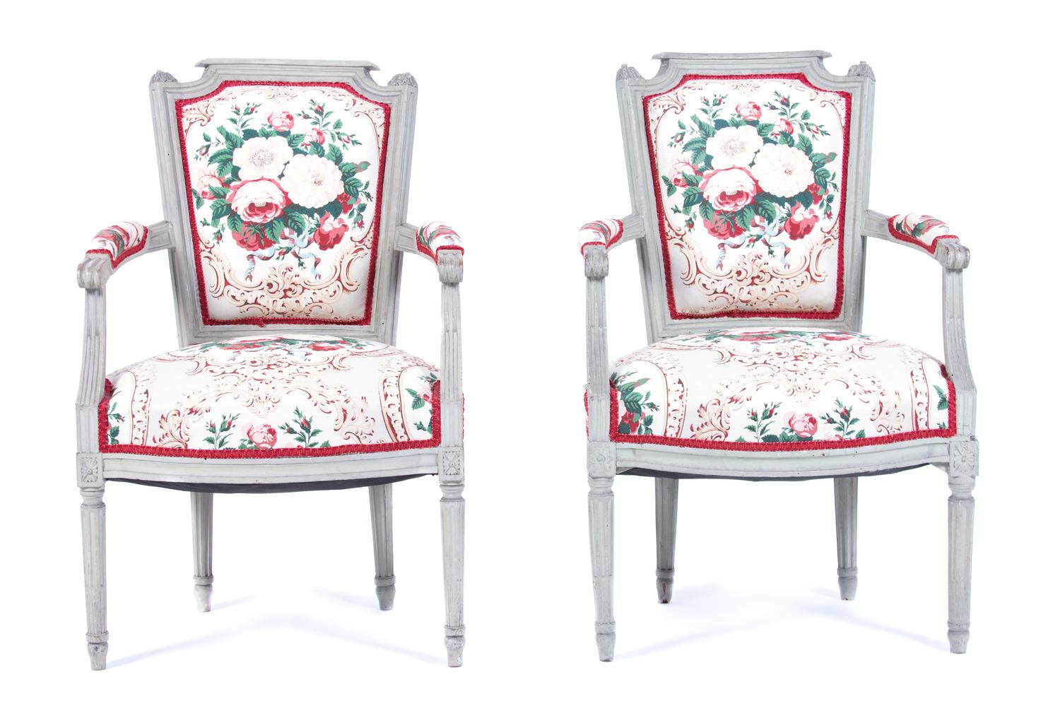 A Pair of Louis XVI Style Fauteuils Height 34 inches. — 19TH CENTURY