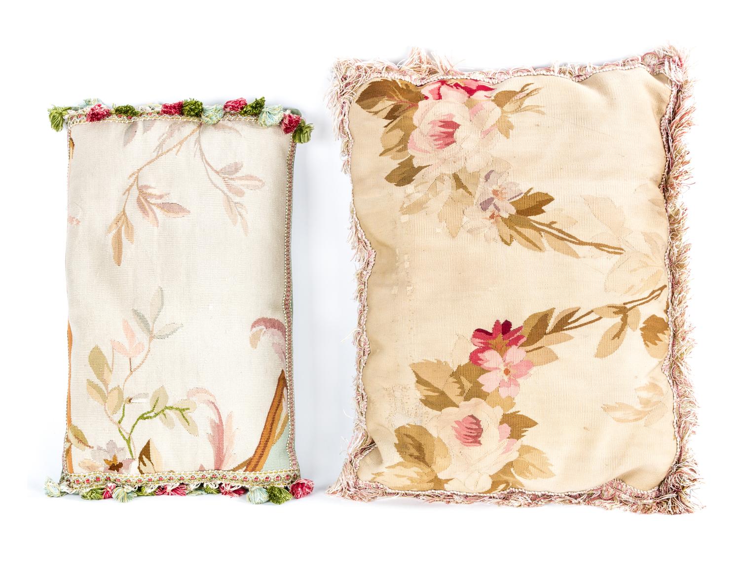 Two Aubusson Tapestry Pillows Width of first 19 inches.