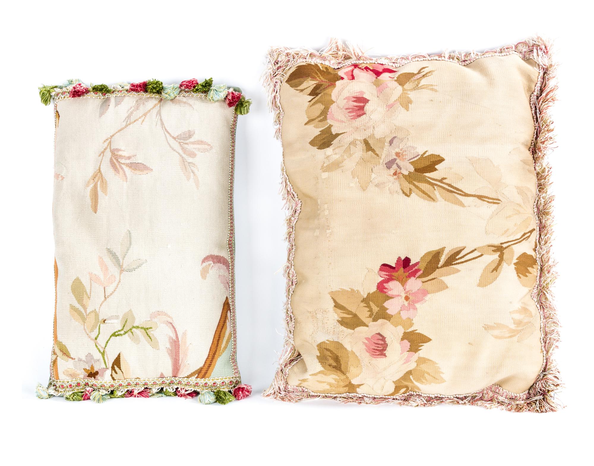 Two Aubusson Tapestry Pillows Width of first 19 inches.