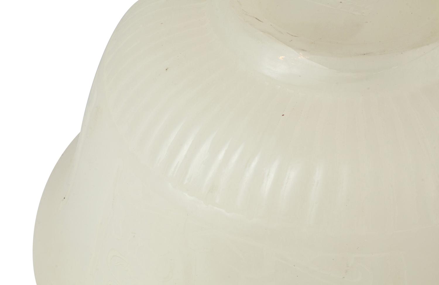 A Pair of Peking Style Carved White Glass Bowls with Wood Stands