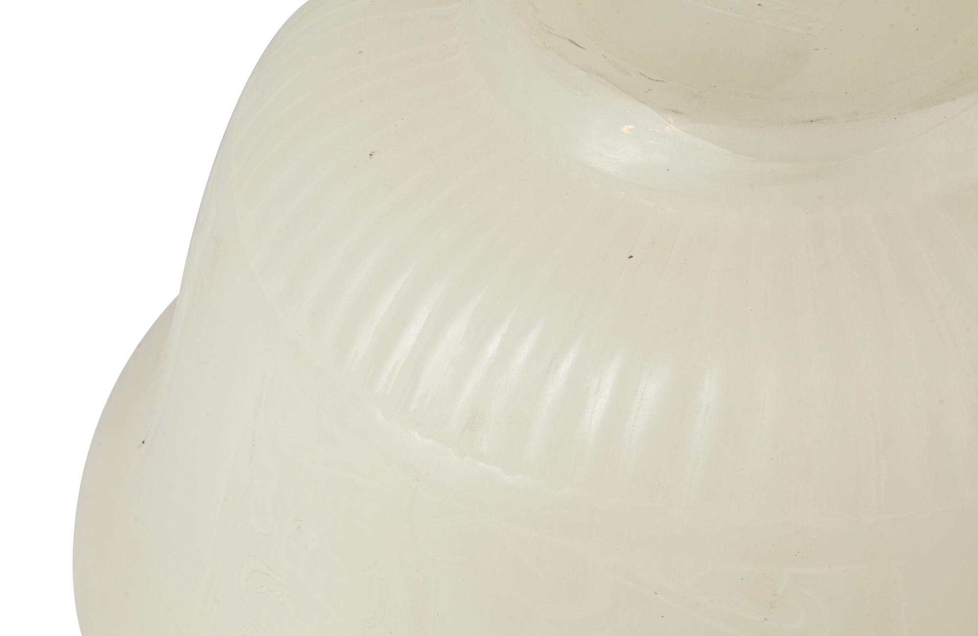 A Pair of Peking Style Carved White Glass Bowls with Wood Stands