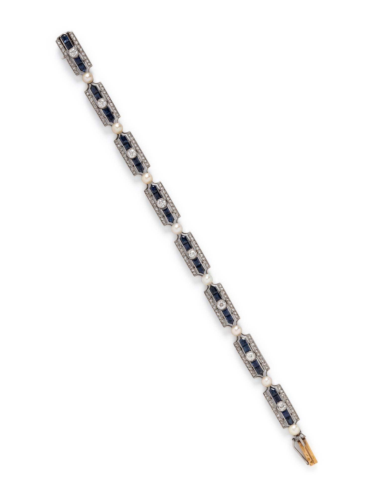 FRENCH, ANTIQUE, PLATINUM, CULTURED PEARL, DIAMOND, AND SAPPHIRE BRACELET