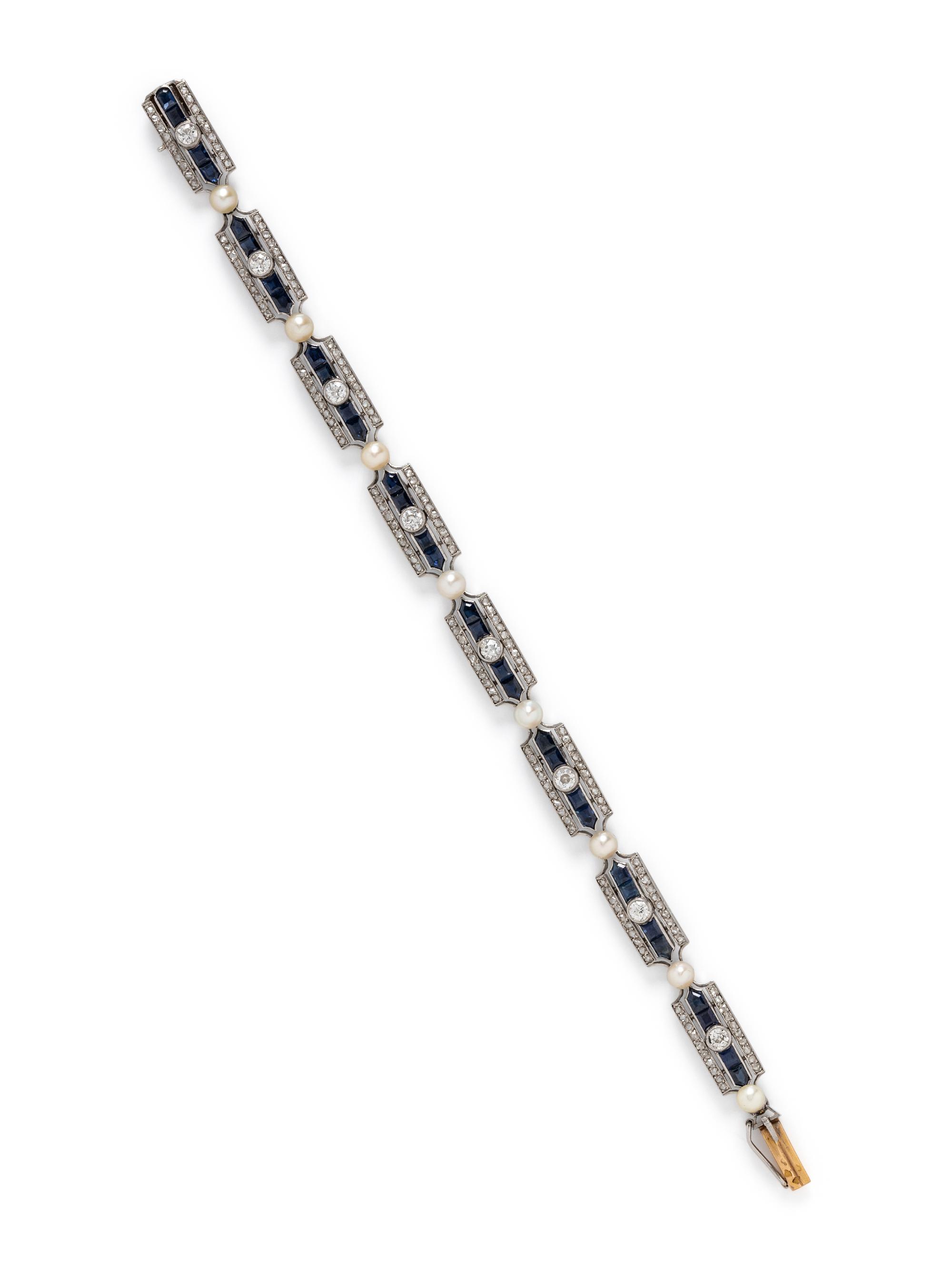 FRENCH, ANTIQUE, PLATINUM, CULTURED PEARL, DIAMOND, AND SAPPHIRE BRACELET