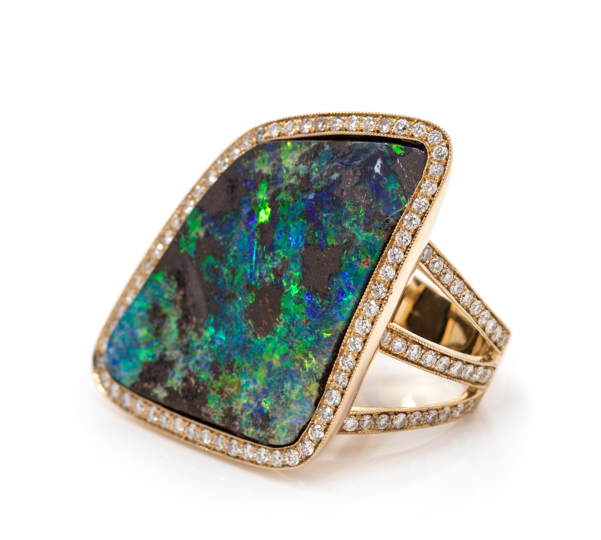 A 14 Karat Yellow Gold, Boulder Opal and Diamond Ring,