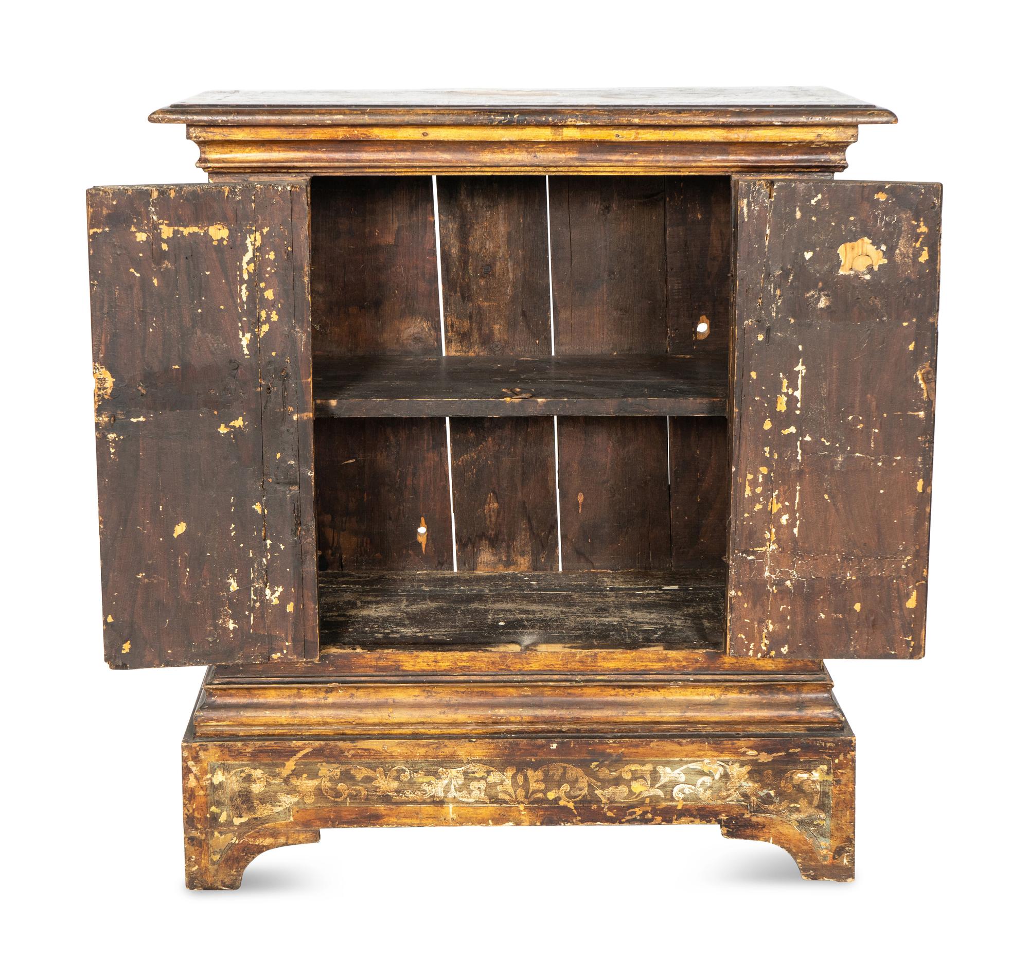 A Florentine Painted and Parcel Gilt Cabinet with Gesso Pastiglia Panels