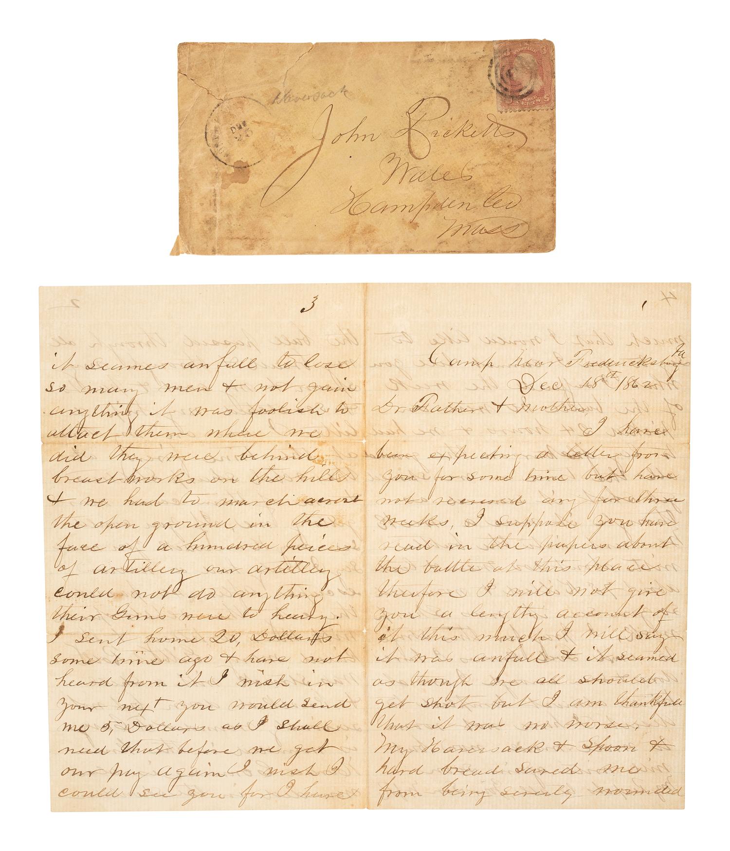 A group of items identified to Corporal William J. Ricketts, Company D, 21st Massachusetts Infantry, WIA Fredericksburg and Bethesda Church, VA, incl. bullet-struck haversack, utensils, and mucket.