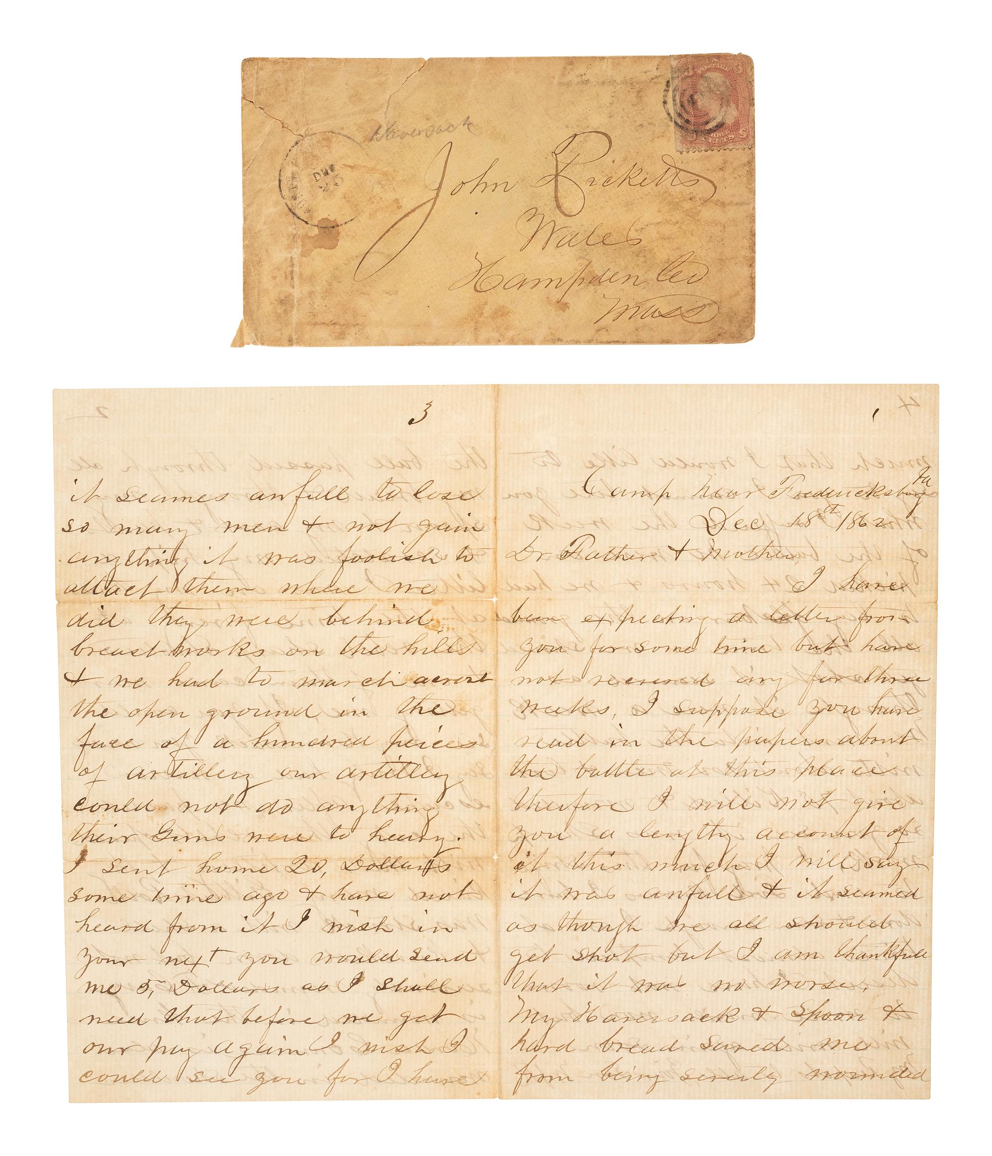 A group of items identified to Corporal William J. Ricketts, Company D, 21st Massachusetts Infantry, WIA Fredericksburg and Bethesda Church, VA, incl. bullet-struck haversack, utensils, and mucket.