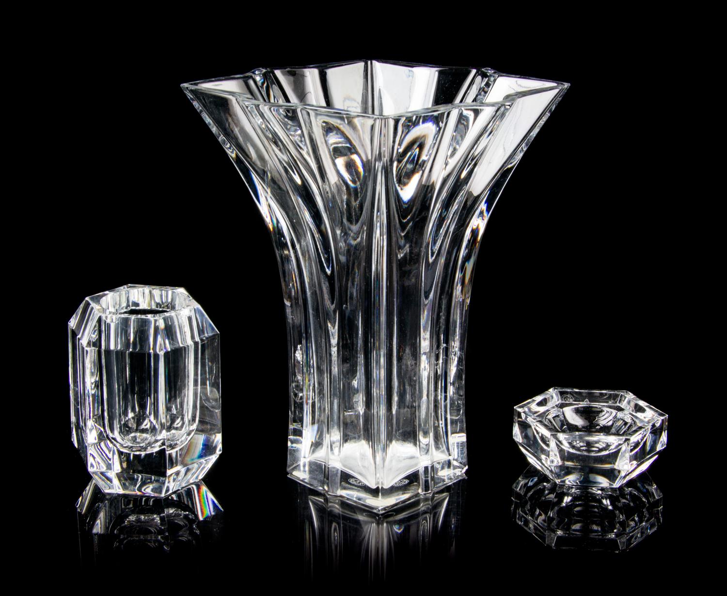 Three Baccarat Glass Table Articles Height of tallest 8 inches.